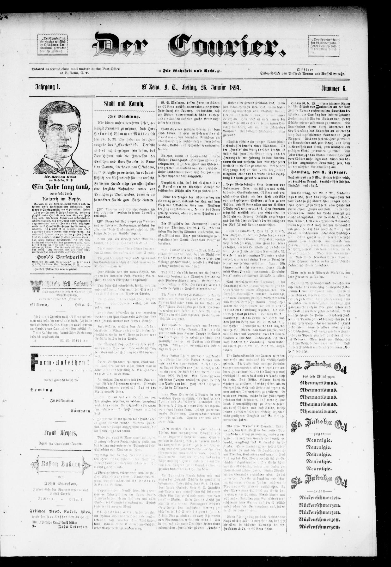 Der Courier. (El Reno, Okla. Terr.), Vol. 1, No. 6, Ed. 1 Friday, January 26, 1894
                                                
                                                    [Sequence #]: 1 of 8
                                                