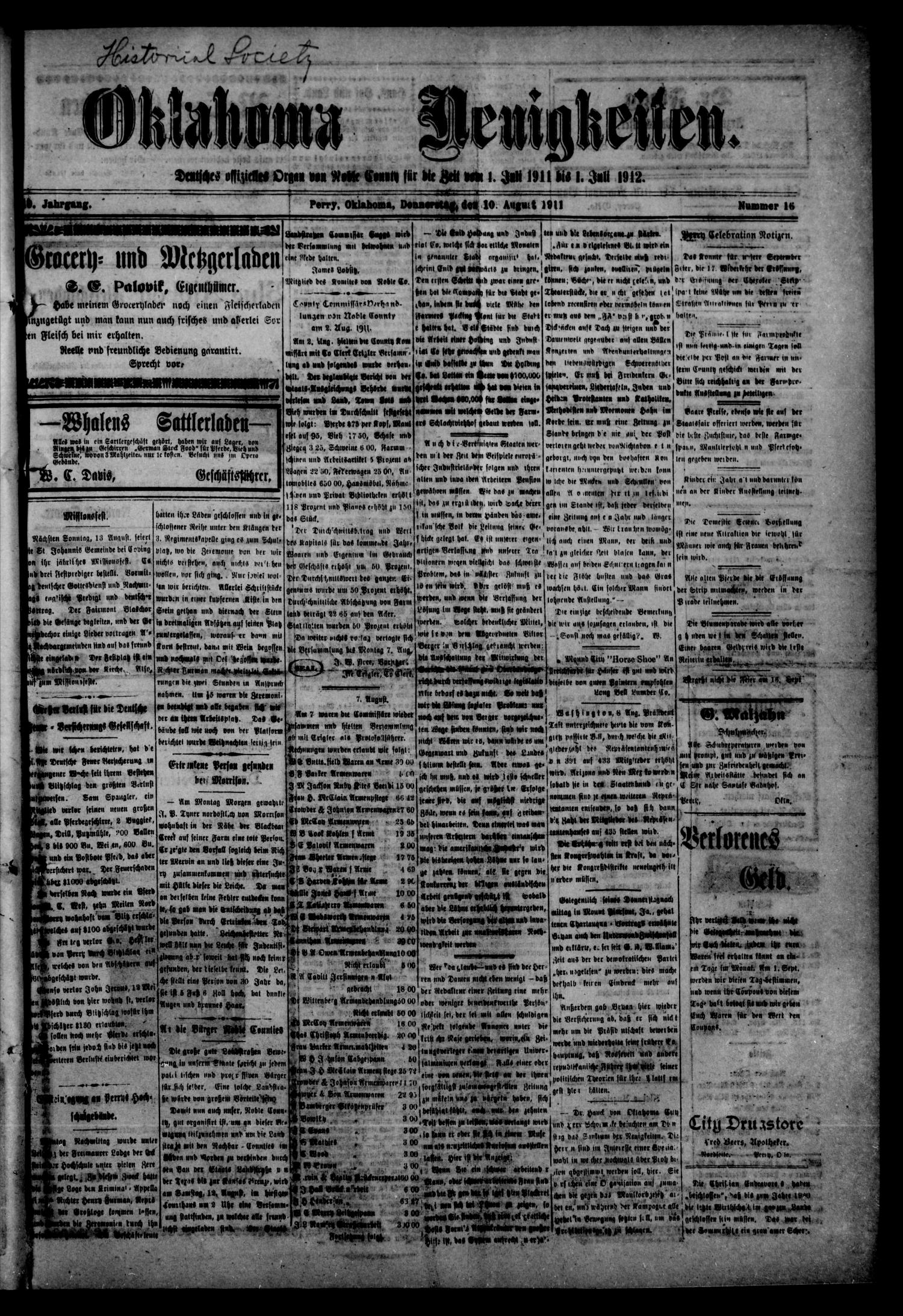 Oklahoma Neuigkeiten. (Perry, Okla.), Vol. 10, No. 16, Ed. 1 Thursday, August 10, 1911
                                                
                                                    [Sequence #]: 1 of 8
                                                
