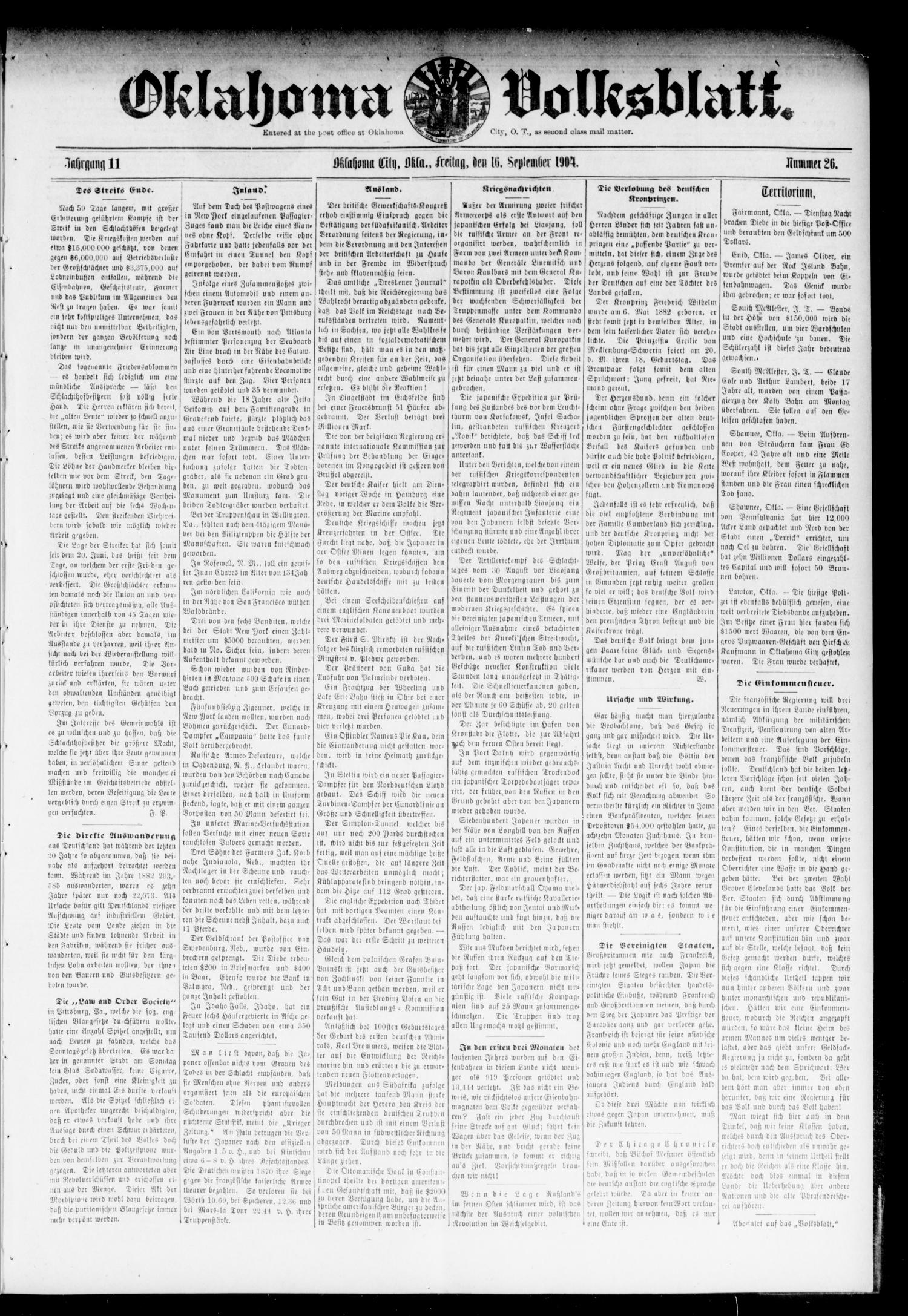 Oklahoma Volksblatt. (Oklahoma City, Okla.), Vol. 11, No. 26, Ed. 1 Friday, September 16, 1904
                                                
                                                    [Sequence #]: 1 of 8
                                                
