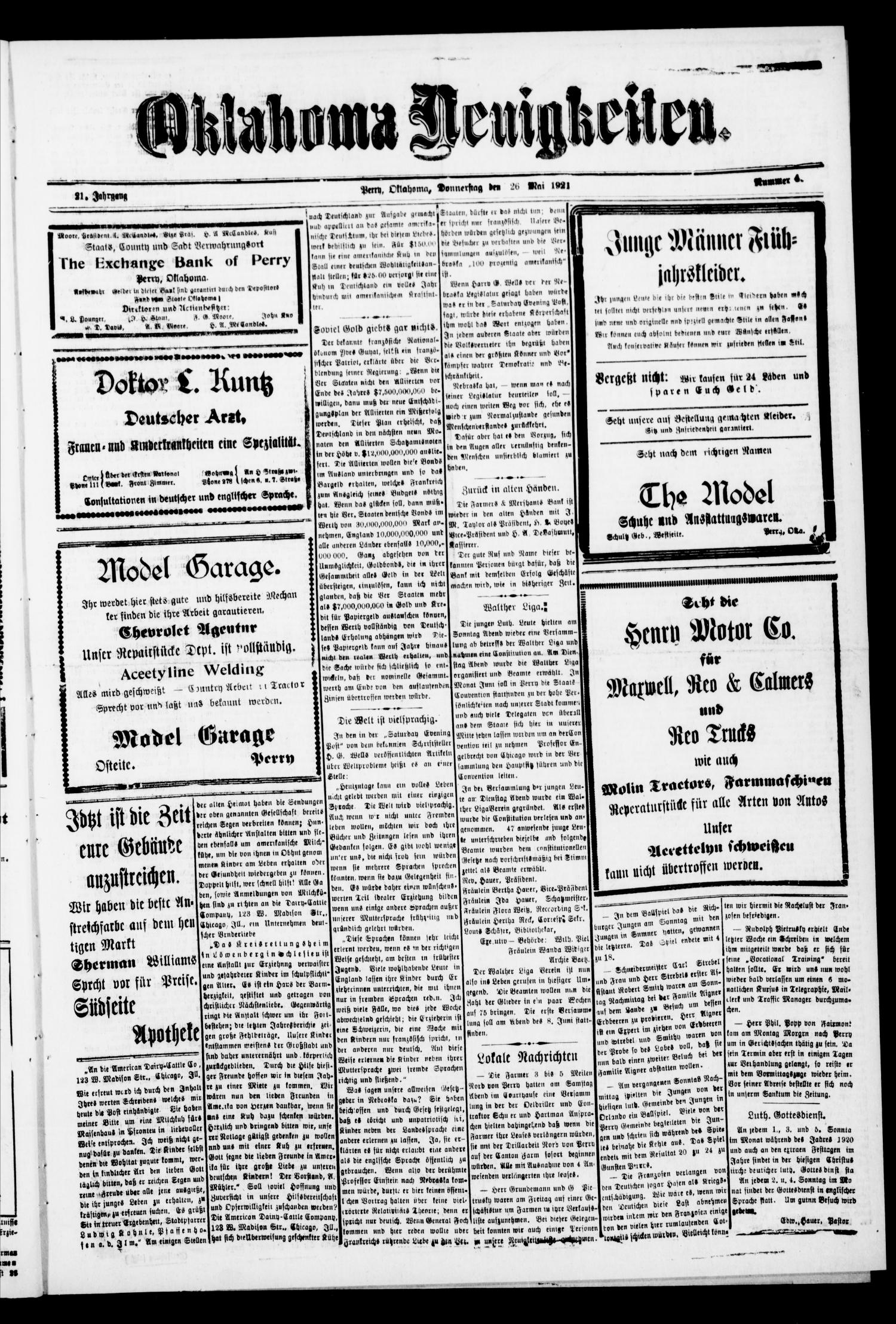 Oklahoma Neuigkeiten. (Perry, Okla.), Vol. 21, No. 4, Ed. 1 Thursday, May 26, 1921
                                                
                                                    [Sequence #]: 1 of 4
                                                