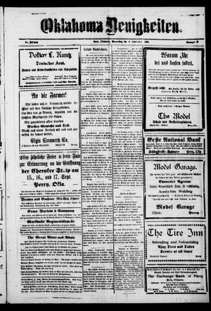 Primary view of object titled 'Oklahoma Neuigkeiten. (Perry, Okla.), Vol. 21, No. 19, Ed. 1 Thursday, September 8, 1921'.