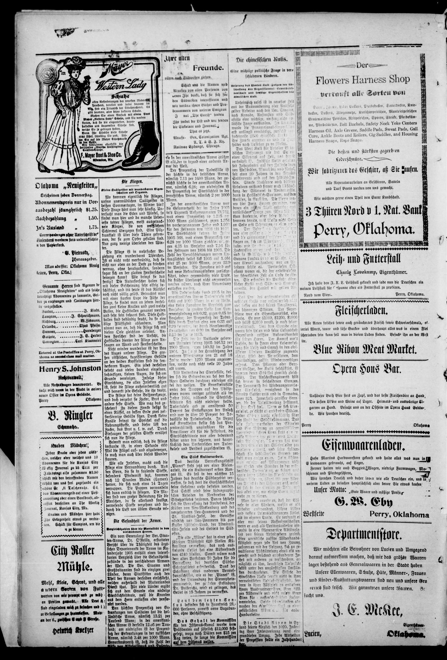 Oklahoma Neuigkeiten. (Perry, Okla.), Vol. 5, No. 35, Ed. 1 Thursday, December 20, 1906
                                                
                                                    [Sequence #]: 2 of 6
                                                
