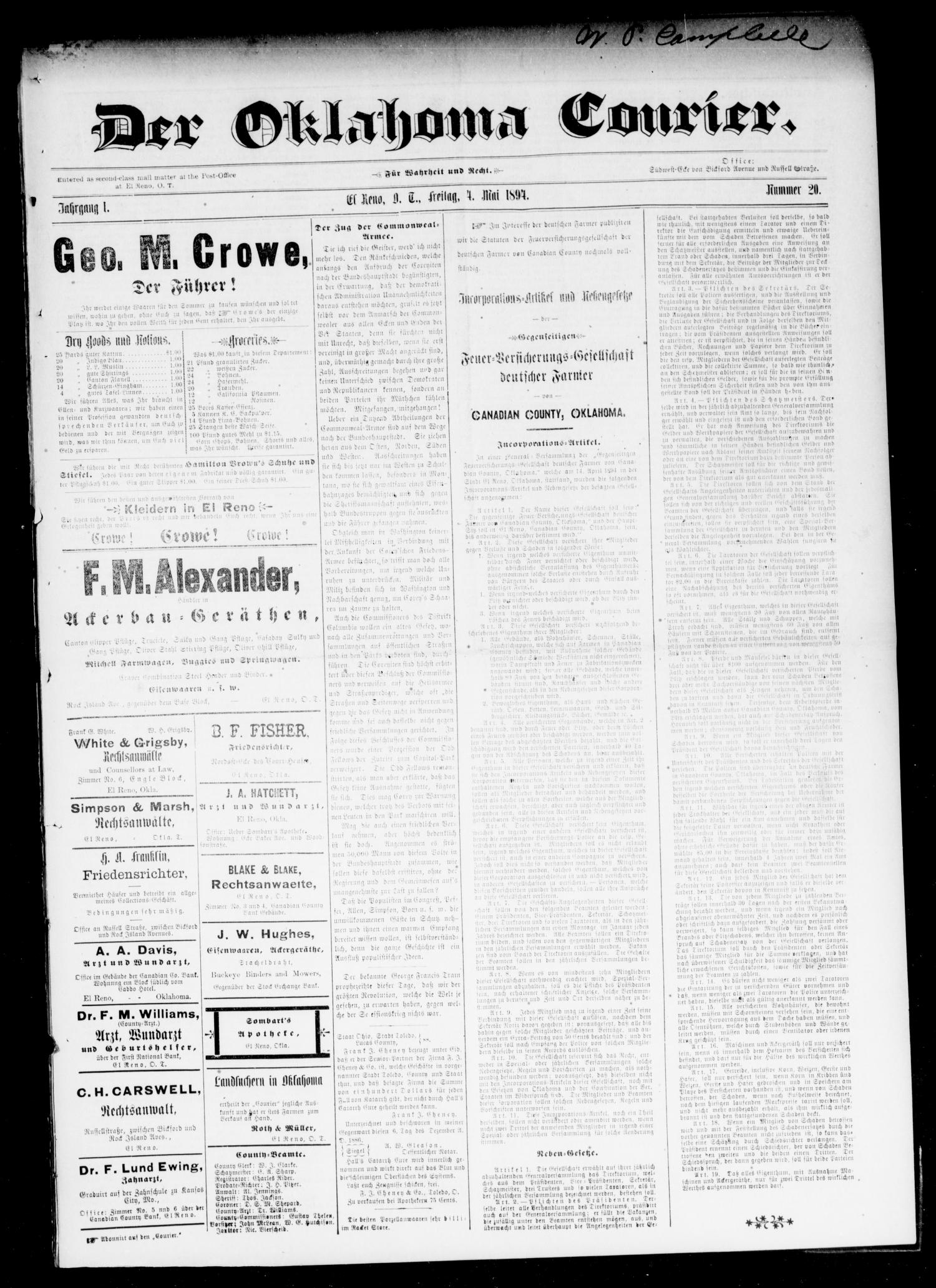 Der Courier. (El Reno, Okla. Terr.), Vol. 1, No. 11, Ed. 1 Friday, March 2,  1894 - Page 7 of 8 - The Gateway to Oklahoma History