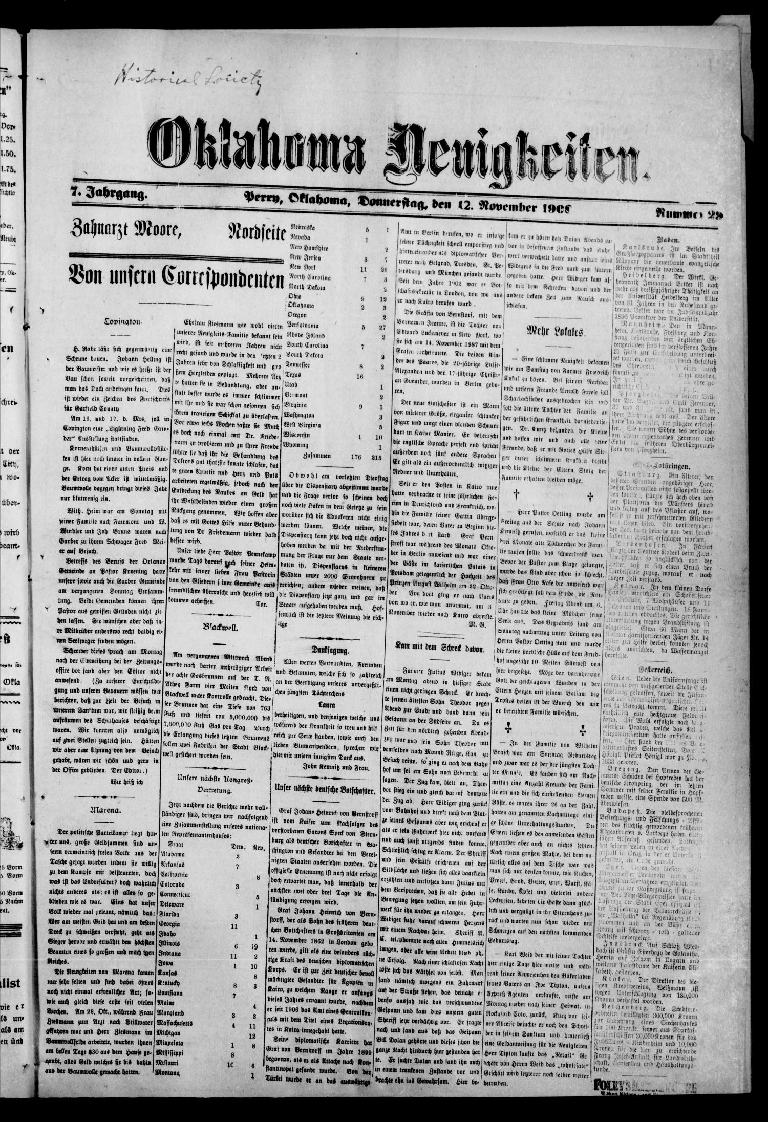 Oklahoma Neuigkeiten. (Perry, Okla.), Vol. 7, No. 29, Ed. 1 Thursday, November 12, 1908
                                                
                                                    [Sequence #]: 1 of 8
                                                