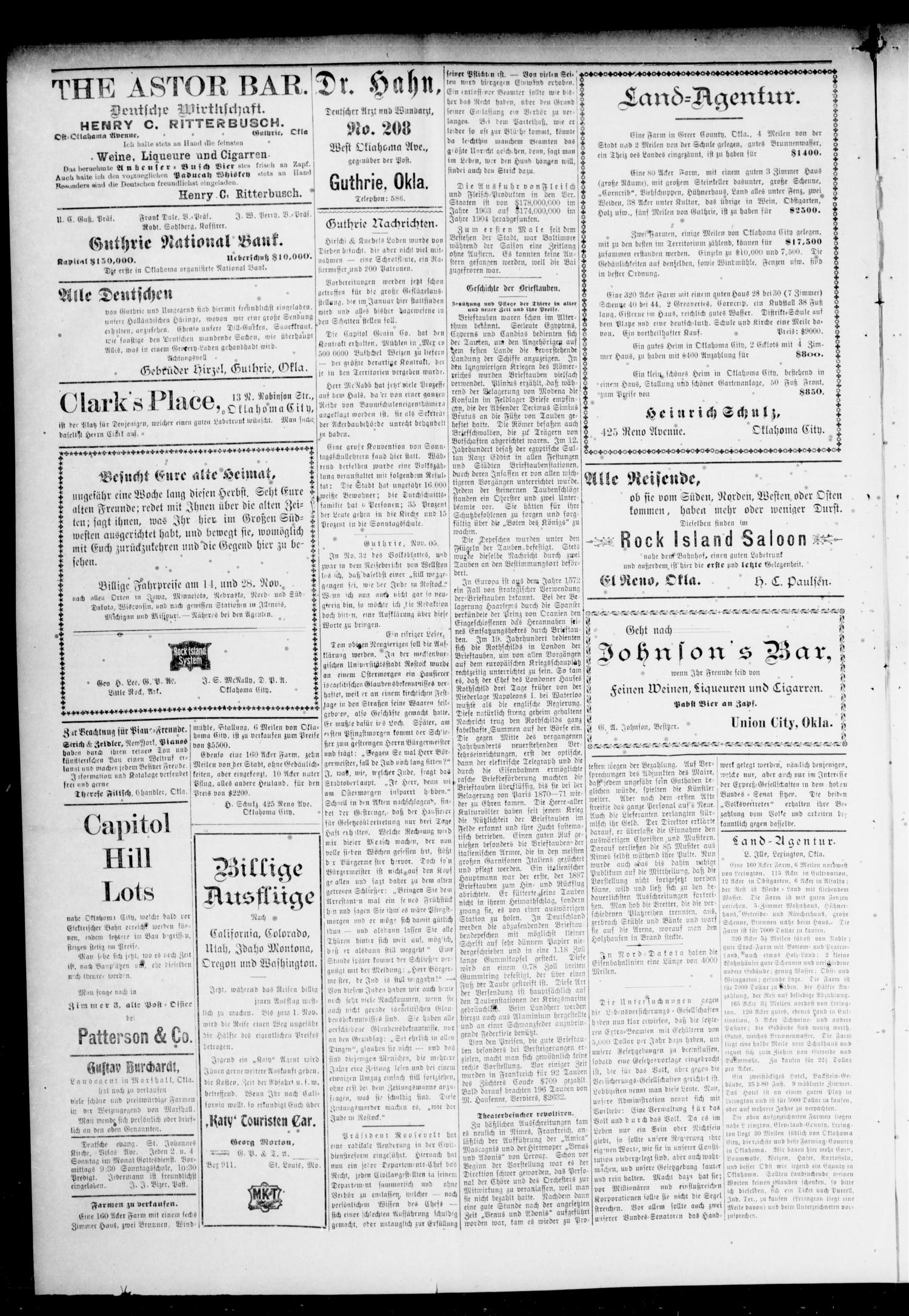 Oklahoma Volksblatt. (Oklahoma City, Okla.), Vol. 12, No. 33, Ed. 1 Friday, November 3, 1905
                                                
                                                    [Sequence #]: 8 of 8
                                                