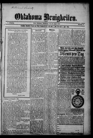 Oklahoma Neuigkeiten. (Perry, Okla.), Vol. 9, No. 17, Ed. 1 Thursday, August 18, 1910
