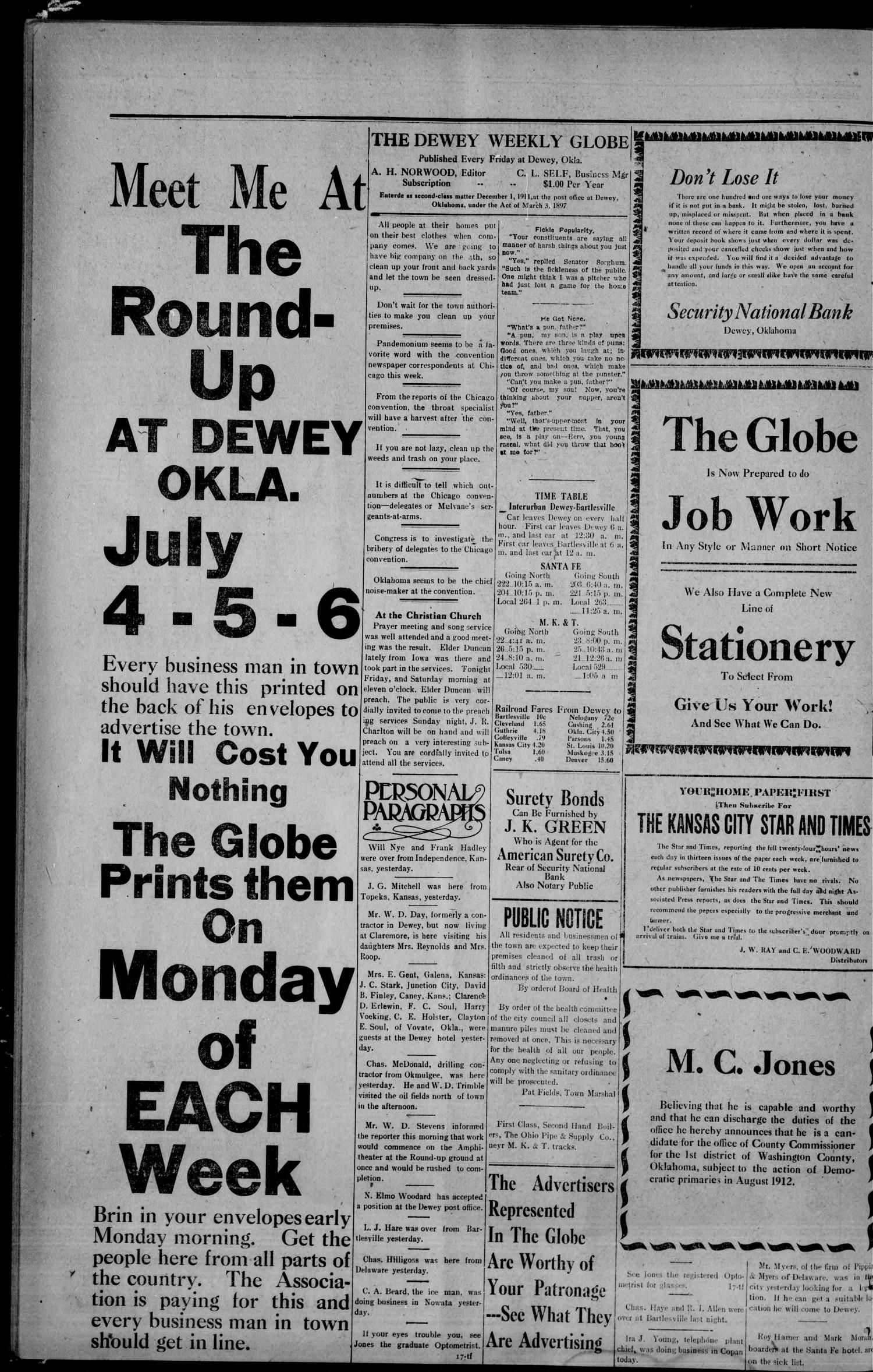 The Dewey Weekly Globe (Dewey, Okla.), Vol. 1, No. 28, Ed. 1 Friday, June 21, 1912
                                                
                                                    [Sequence #]: 4 of 4
                                                