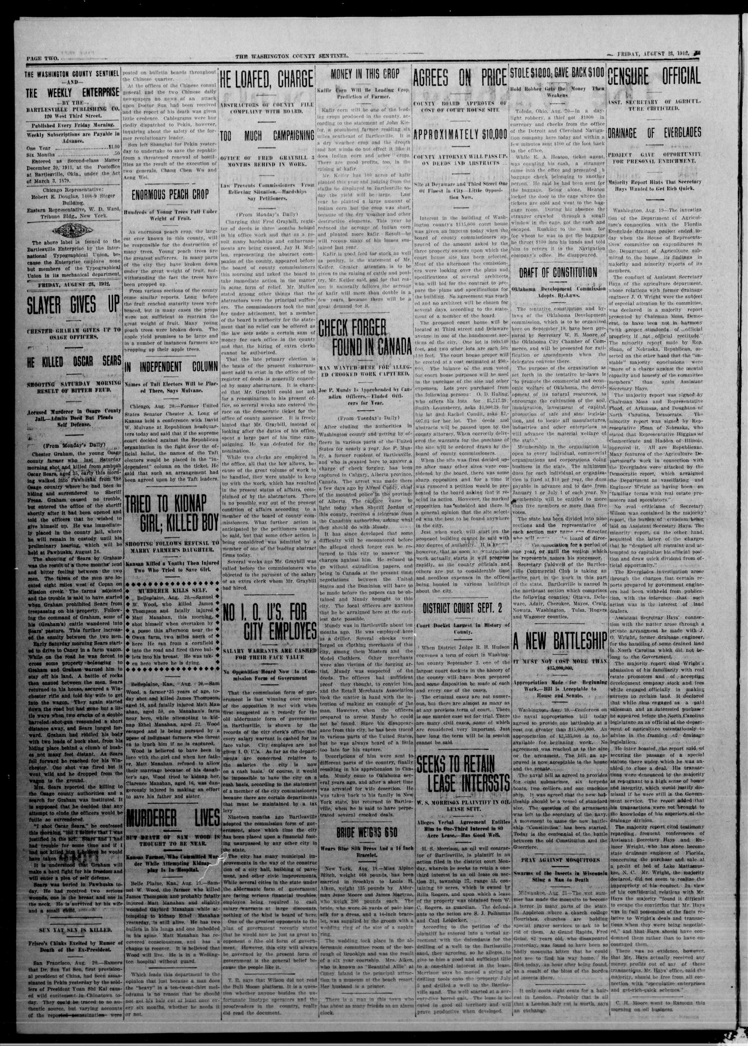 The Washington County Sentinel And The Weekly Enterprise (Bartlesville, Okla.), Vol. 8, No. 28, Ed. 1 Friday, August 23, 1912
                                                
                                                    [Sequence #]: 2 of 4
                                                