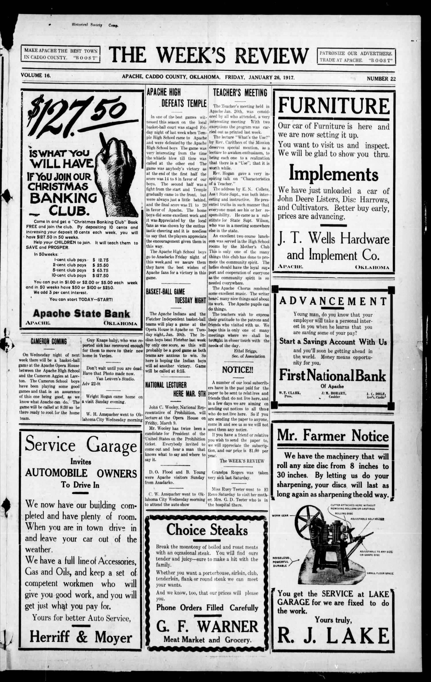 The Week's Review (Apache, Okla.), Vol. 16, No. 22, Ed. 1 Friday, January 26, 1917
                                                
                                                    [Sequence #]: 1 of 8
                                                