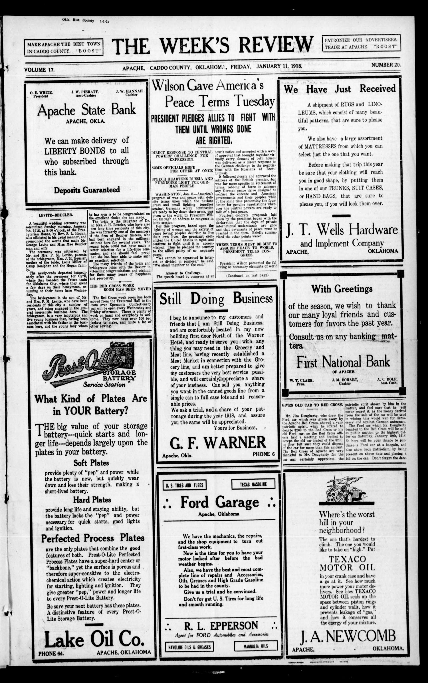 The Week's Review (Apache, Okla.), Vol. 17, No. 20, Ed. 1 Friday, January 11, 1918
                                                
                                                    [Sequence #]: 1 of 8
                                                
