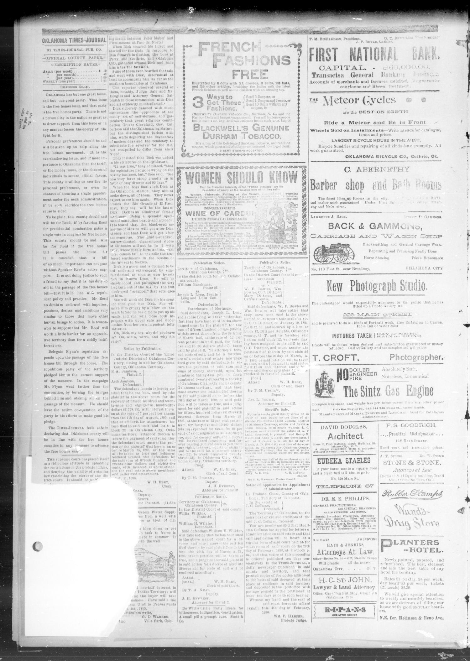 The Daily Times-Journal. (Oklahoma City, Okla. Terr.), Vol. 7, No. 202, Ed. 1 Friday, February 14, 1896
                                                
                                                    [Sequence #]: 2 of 4
                                                