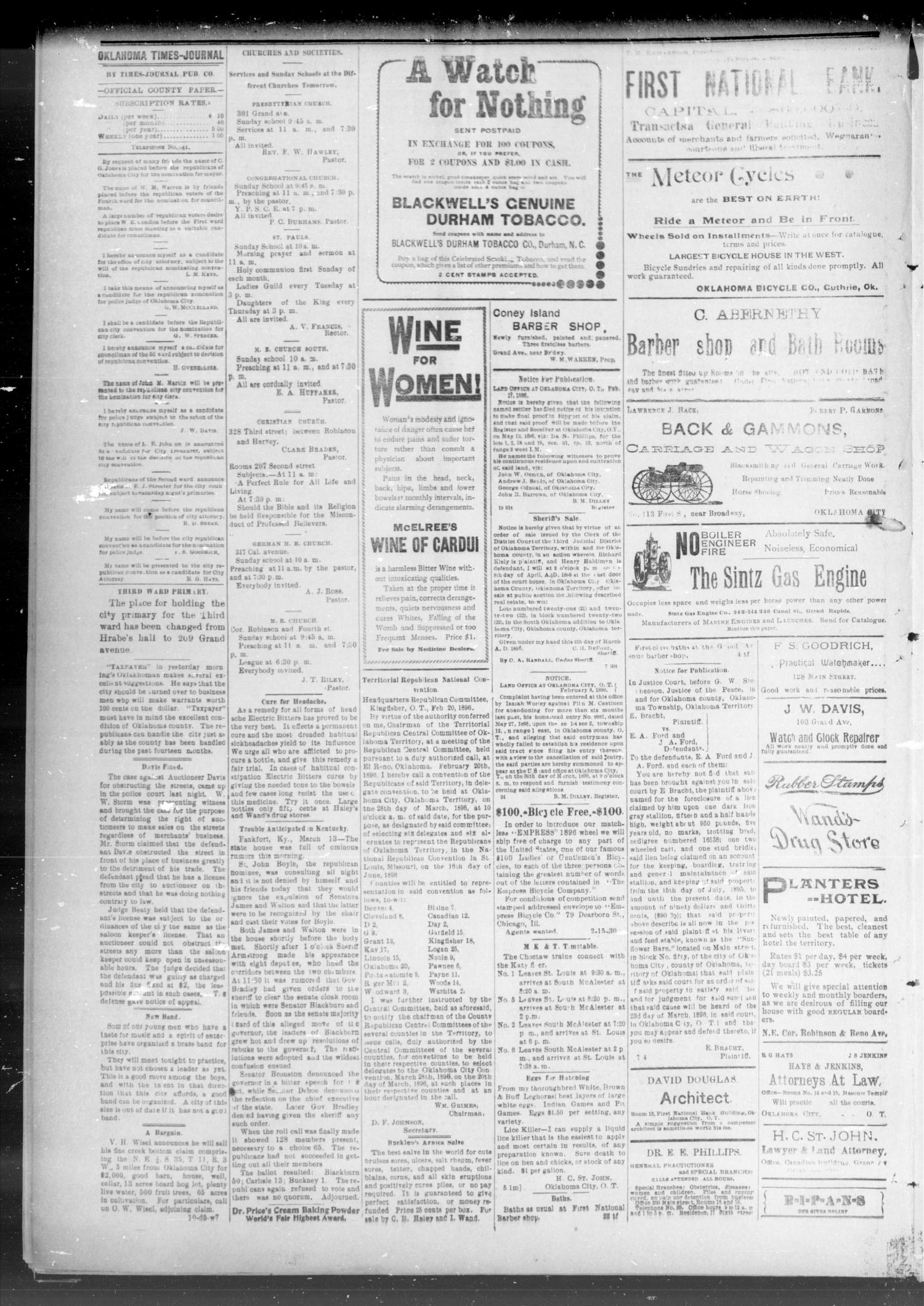 The Daily Times-Journal. (Oklahoma City, Okla. Terr.), Vol. 7, No. 227, Ed. 1 Saturday, March 14, 1896
                                                
                                                    [Sequence #]: 4 of 8
                                                