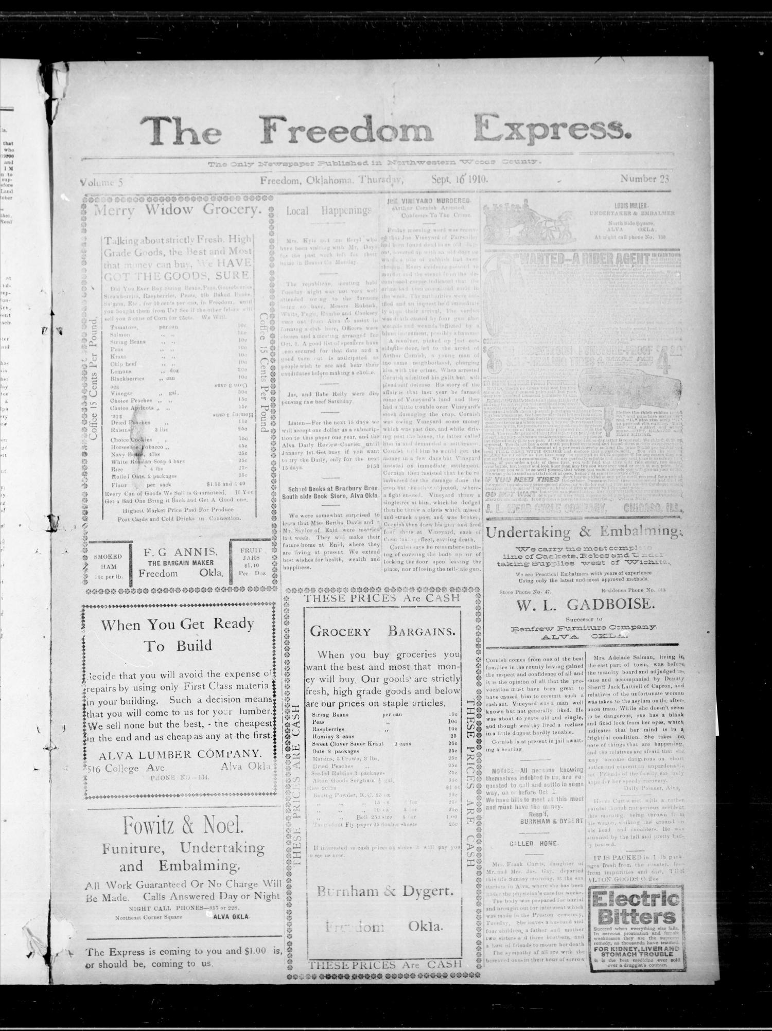The Freedom Express. (Freedom, Okla.), Vol. 5, No. 23, Ed. 1 Friday, September 16, 1910
                                                
                                                    [Sequence #]: 1 of 4
                                                
