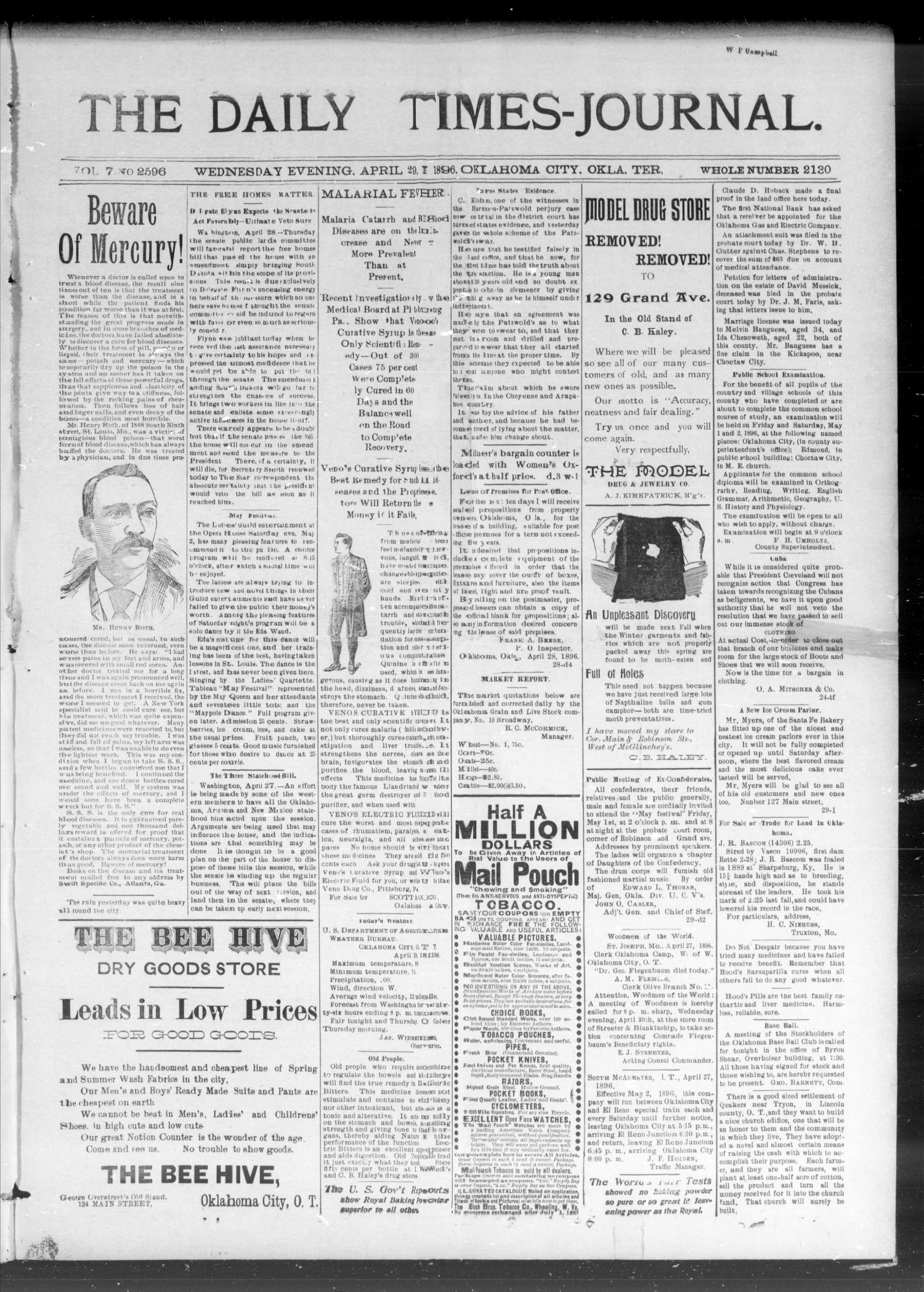 The Daily Times-Journal. (Oklahoma City, Okla. Terr.), Vol. 7, No. 266, Ed. 1 Wednesday, April 29, 1896
                                                
                                                    [Sequence #]: 1 of 4
                                                