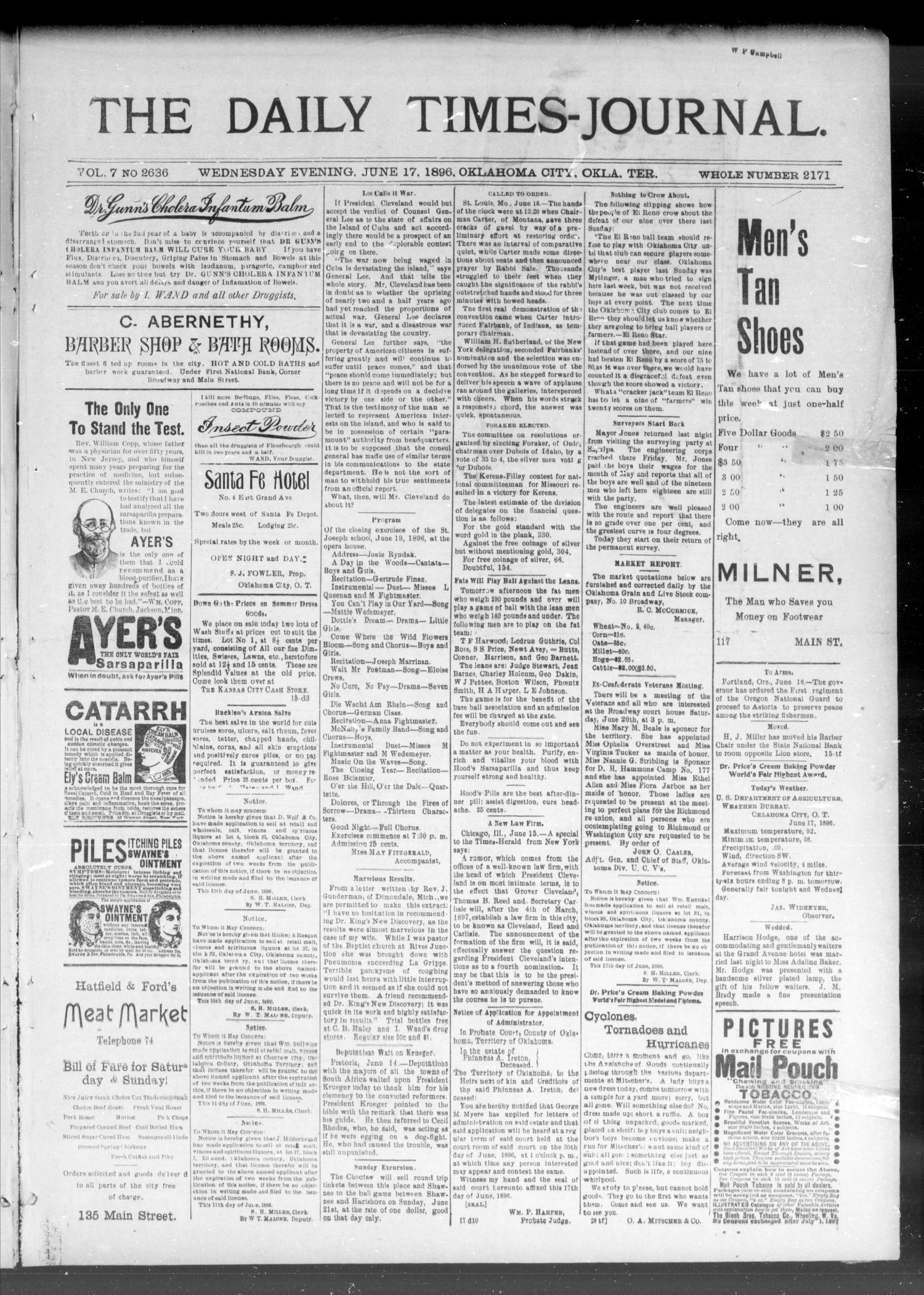 The Daily Times-Journal. (Oklahoma City, Okla. Terr.), Vol. 8, No. 8, Ed. 1 Wednesday, June 17, 1896
                                                
                                                    [Sequence #]: 1 of 4
                                                