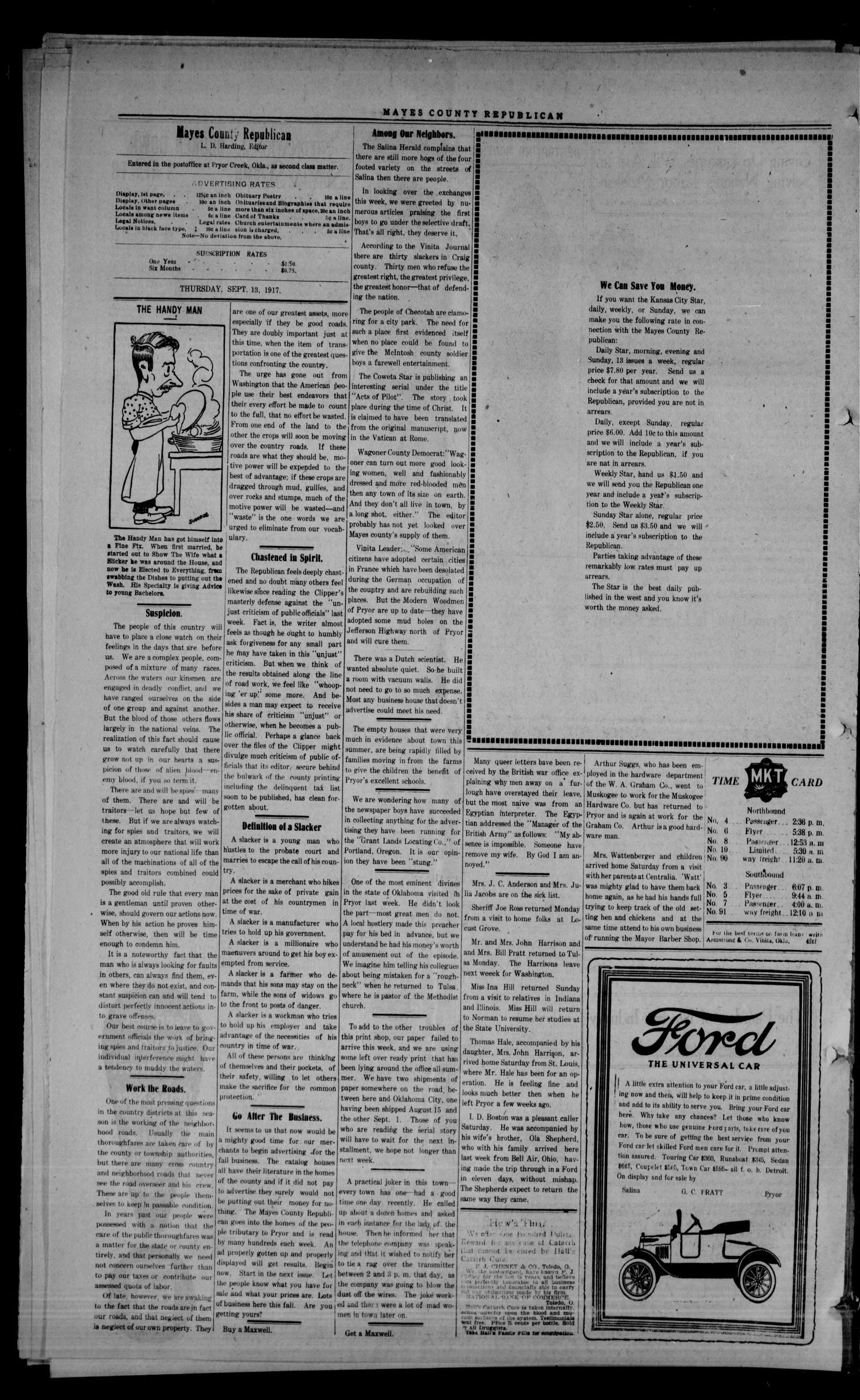 Mayes County Republican (Pryor, Okla.), Vol. 10, No. 29, Ed. 1 Thursday, September 13, 1917
                                                
                                                    [Sequence #]: 4 of 10
                                                