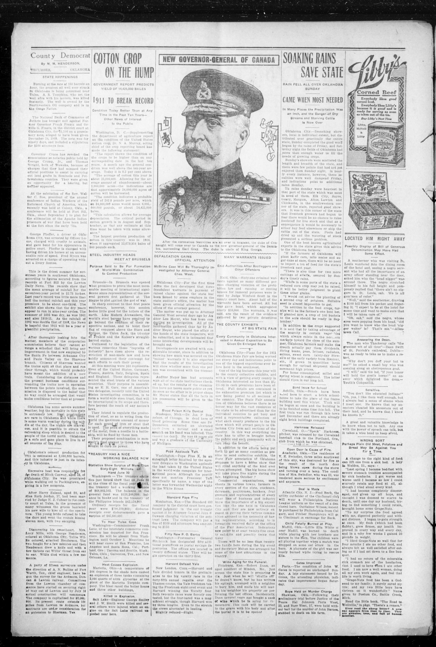 The County Democrat (Tecumseh, Okla.), Vol. 27, No. 46, Ed. 1 Friday, July 14, 1911
                                                
                                                    [Sequence #]: 2 of 8
                                                
