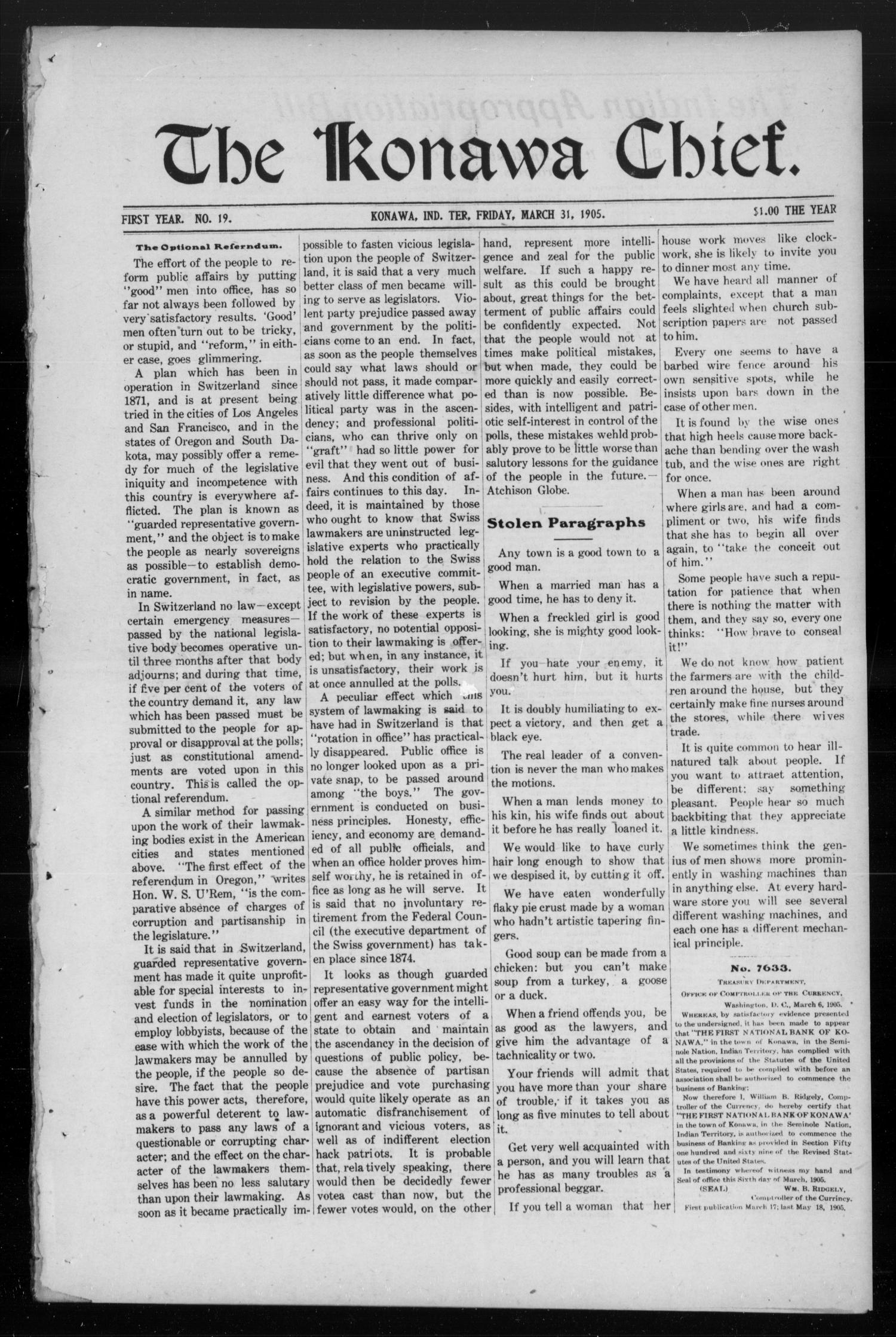 The Konawa Chief. (Konawa, Indian Terr.), Vol. 1, No. 19, Ed. 1 Friday, March 31, 1905
                                                
                                                    [Sequence #]: 1 of 16
                                                