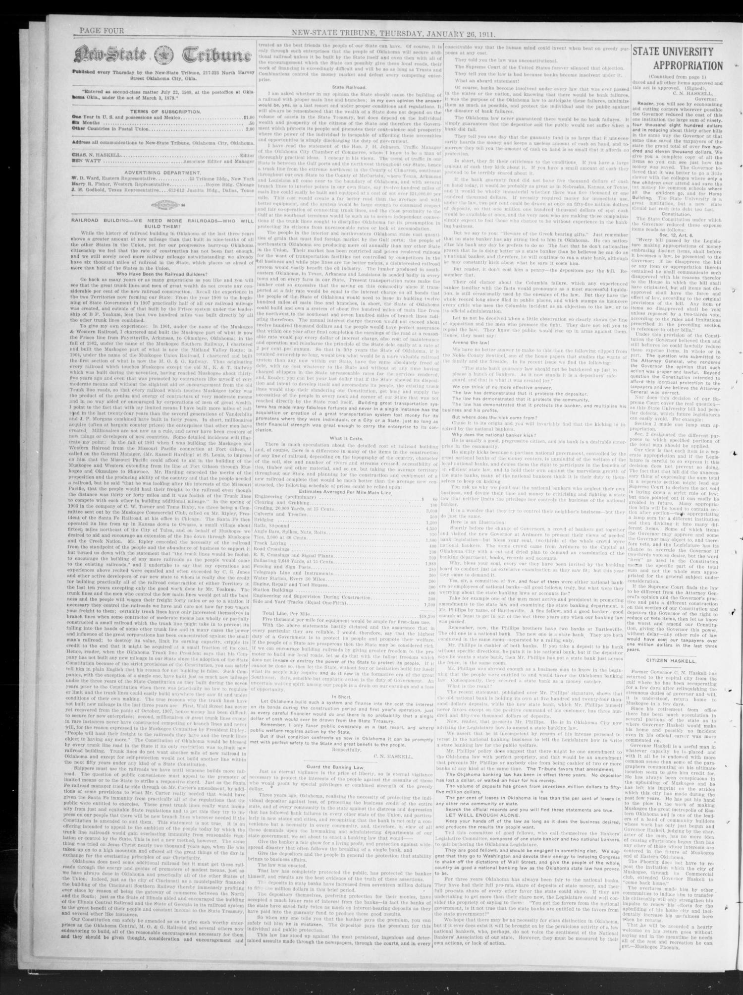 New-State Tribune (Oklahoma City, Okla.), Vol. 17, No. 12, Ed. 1 Thursday, January 26, 1911
                                                
                                                    [Sequence #]: 4 of 8
                                                