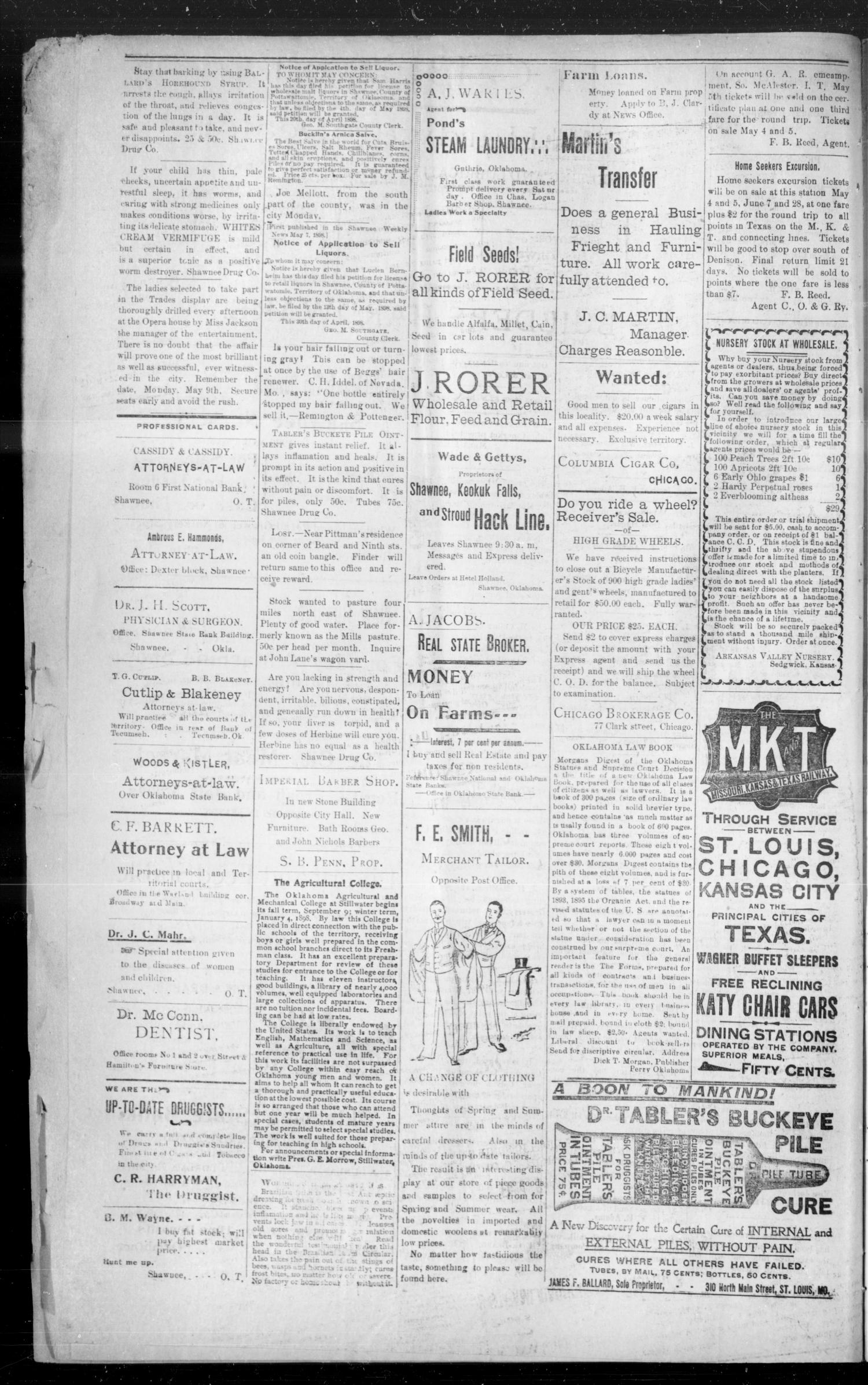 Shawnee Daily News. (Shawnee, Okla.), Vol. 2, No. 26, Ed. 1 Saturday, May 7, 1898
                                                
                                                    [Sequence #]: 4 of 4
                                                