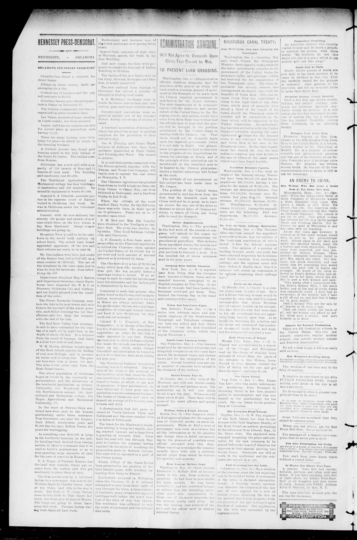 The Press-Democrat. (Hennessey, Okla.), Vol. 9, No. 10, Ed. 1 Friday, December 7, 1900
                                                
                                                    [Sequence #]: 2 of 8
                                                