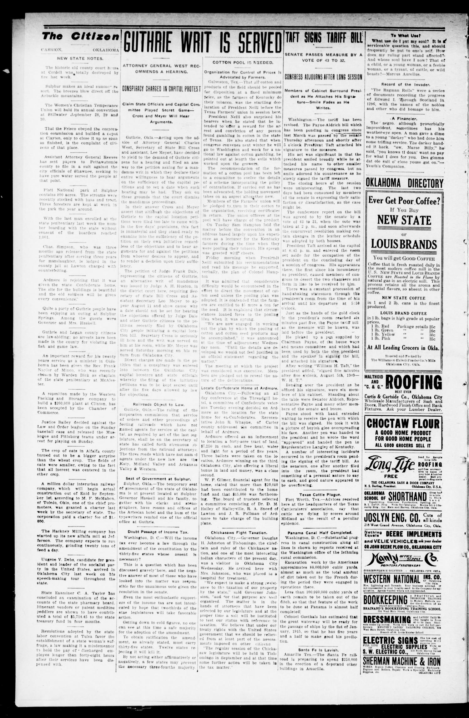 The Citizen. (Cashion, Okla.), Vol. 1, No. 17, Ed. 1 Friday, August 13, 1909
                                                
                                                    [Sequence #]: 2 of 8
                                                