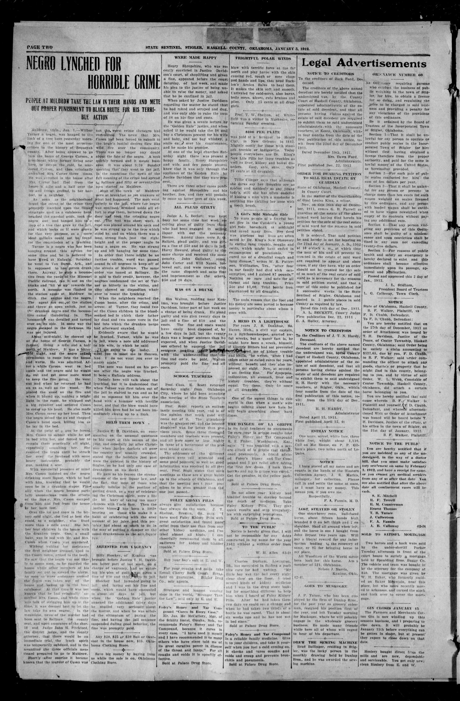 State Sentinel (Stigler, Okla.), Vol. 6, No. 43, Ed. 1 Friday, January 5, 1912
                                                
                                                    [Sequence #]: 2 of 8
                                                