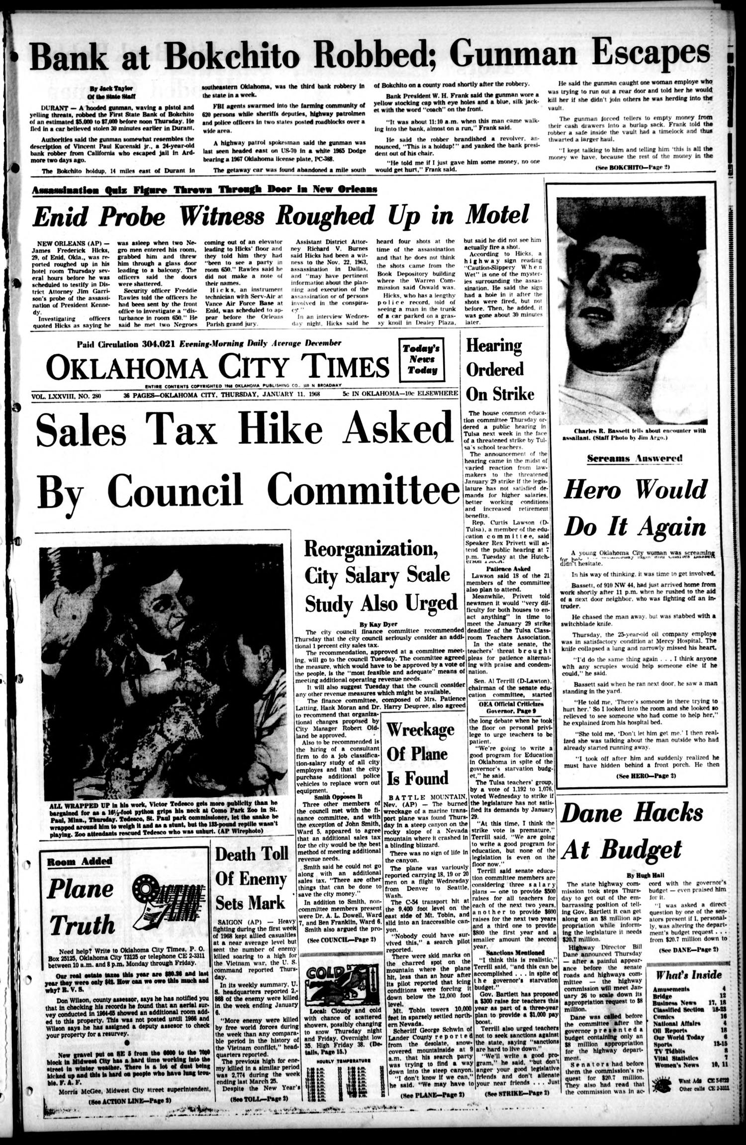 Oklahoma City Times (Oklahoma City, Okla.), Vol. 78, No. 280, Ed. 1 Thursday, January 11, 1968
                                                
                                                    [Sequence #]: 1 of 46
                                                
