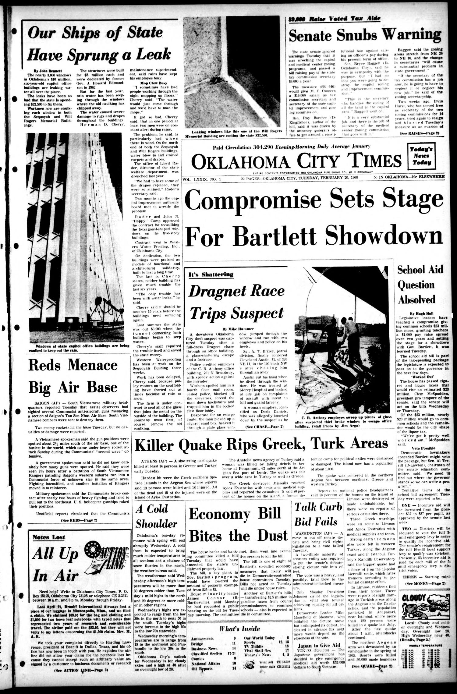 Oklahoma City Times (Oklahoma City, Okla.), Vol. 78, No. 314, Ed. 1 Tuesday, February 20, 1968
                                                
                                                    [Sequence #]: 1 of 22
                                                