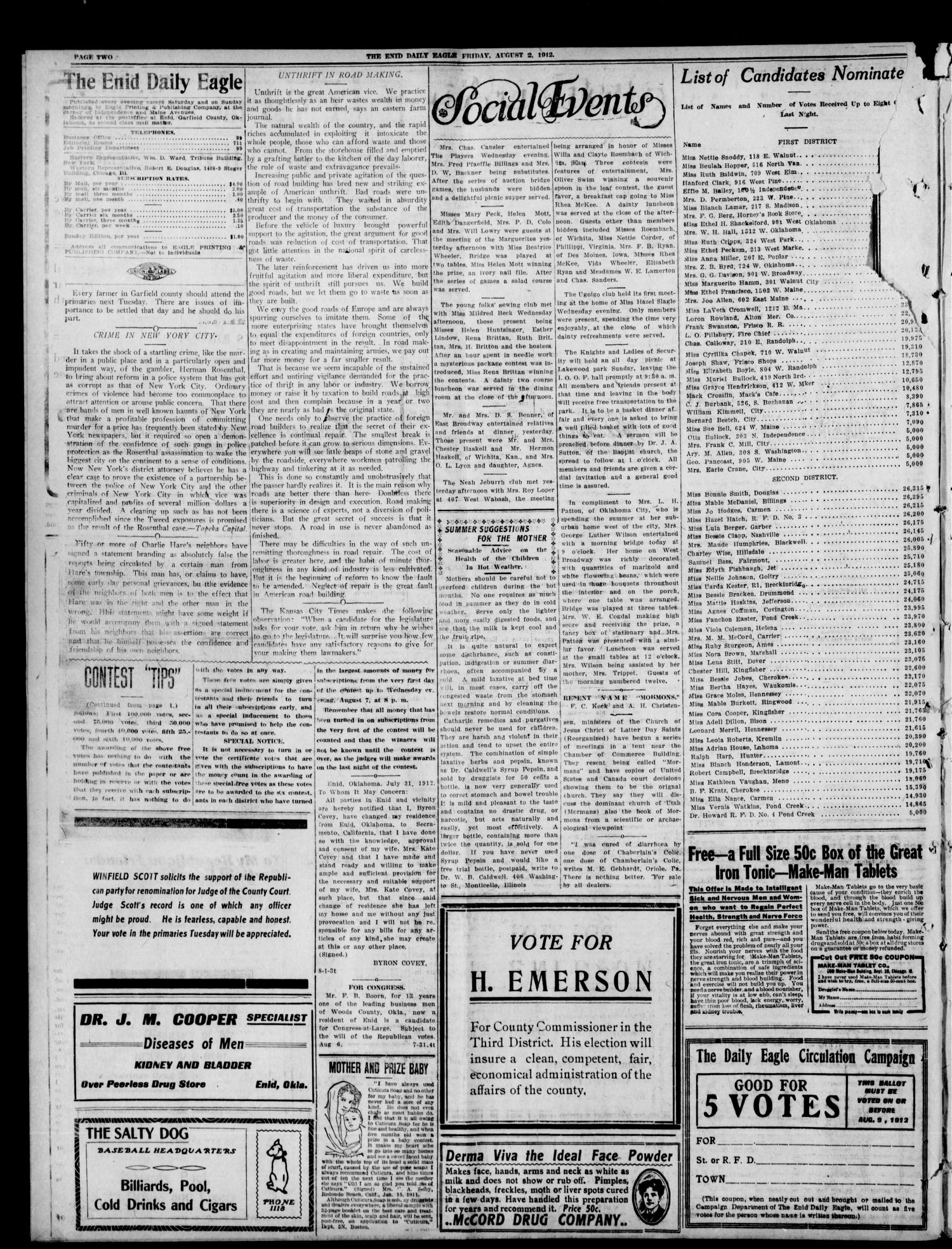 The Enid Daily Eagle. (Enid, Okla.), Vol. 11, No. 108, Ed. 1 Friday, August 2, 1912
                                                
                                                    [Sequence #]: 2 of 6
                                                