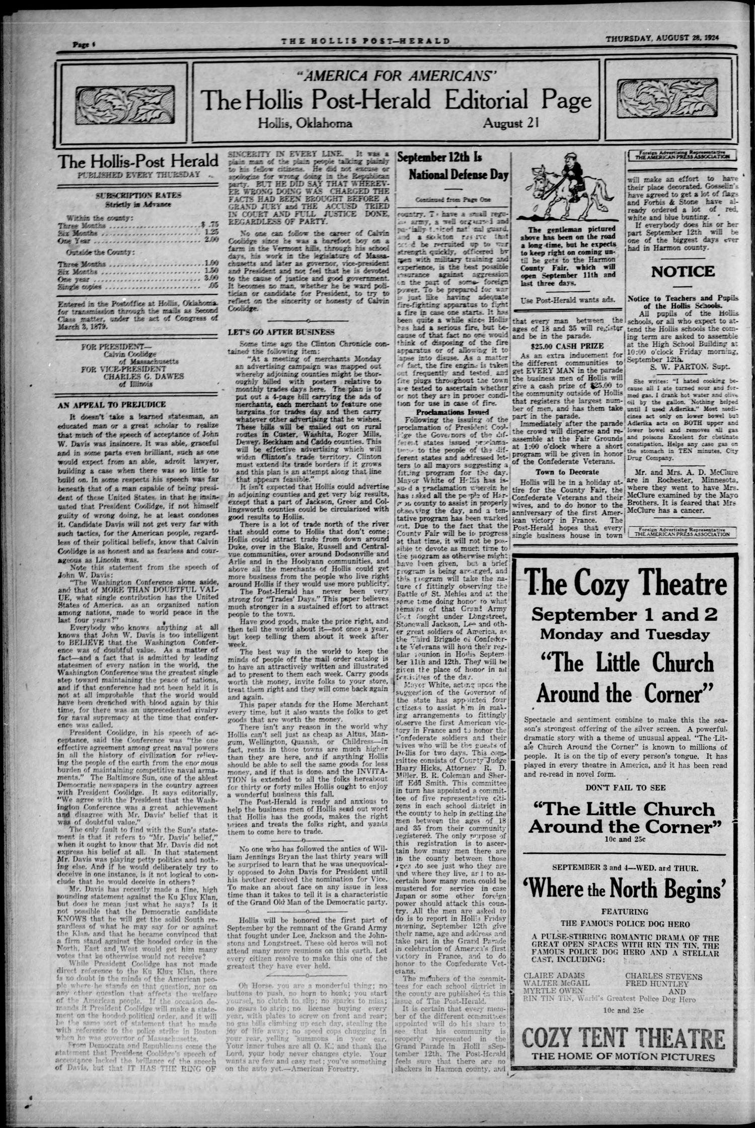 Hollis Post-Herald. And Harmon County Tribune (Hollis, Okla.), Vol. 21, No. 42, Ed. 1 Thursday, August 28, 1924
                                                
                                                    [Sequence #]: 4 of 8
                                                