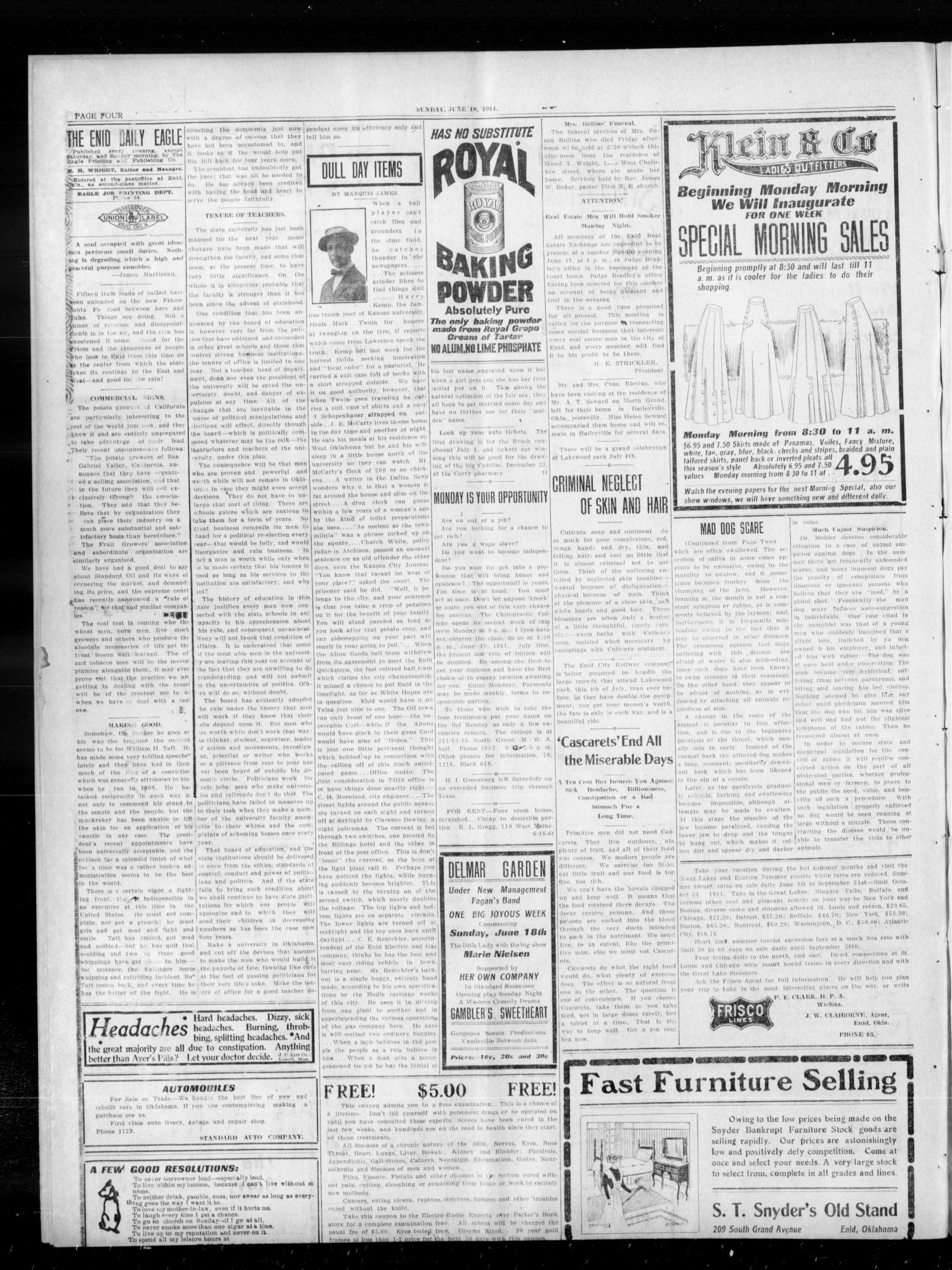 The Enid Daily Eagle. (Enid, Okla.), Vol. 10, No. 78, Ed. 1 Sunday, June 18, 1911
                                                
                                                    [Sequence #]: 4 of 8
                                                