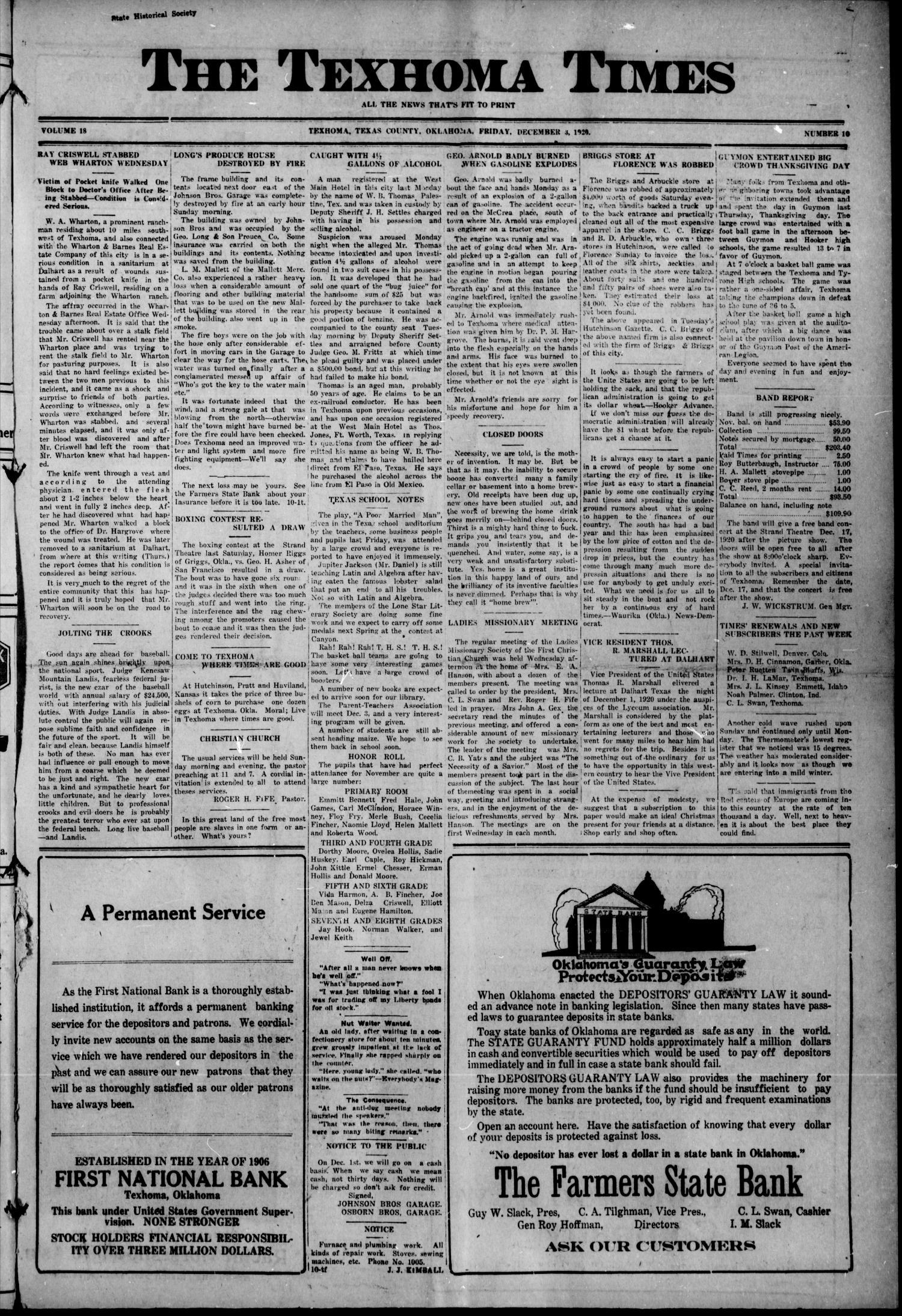 The Texhoma Times (Texhoma, Okla.), Vol. 18, No. 10, Ed. 1 Friday, December 3, 1920
                                                
                                                    [Sequence #]: 1 of 8
                                                
