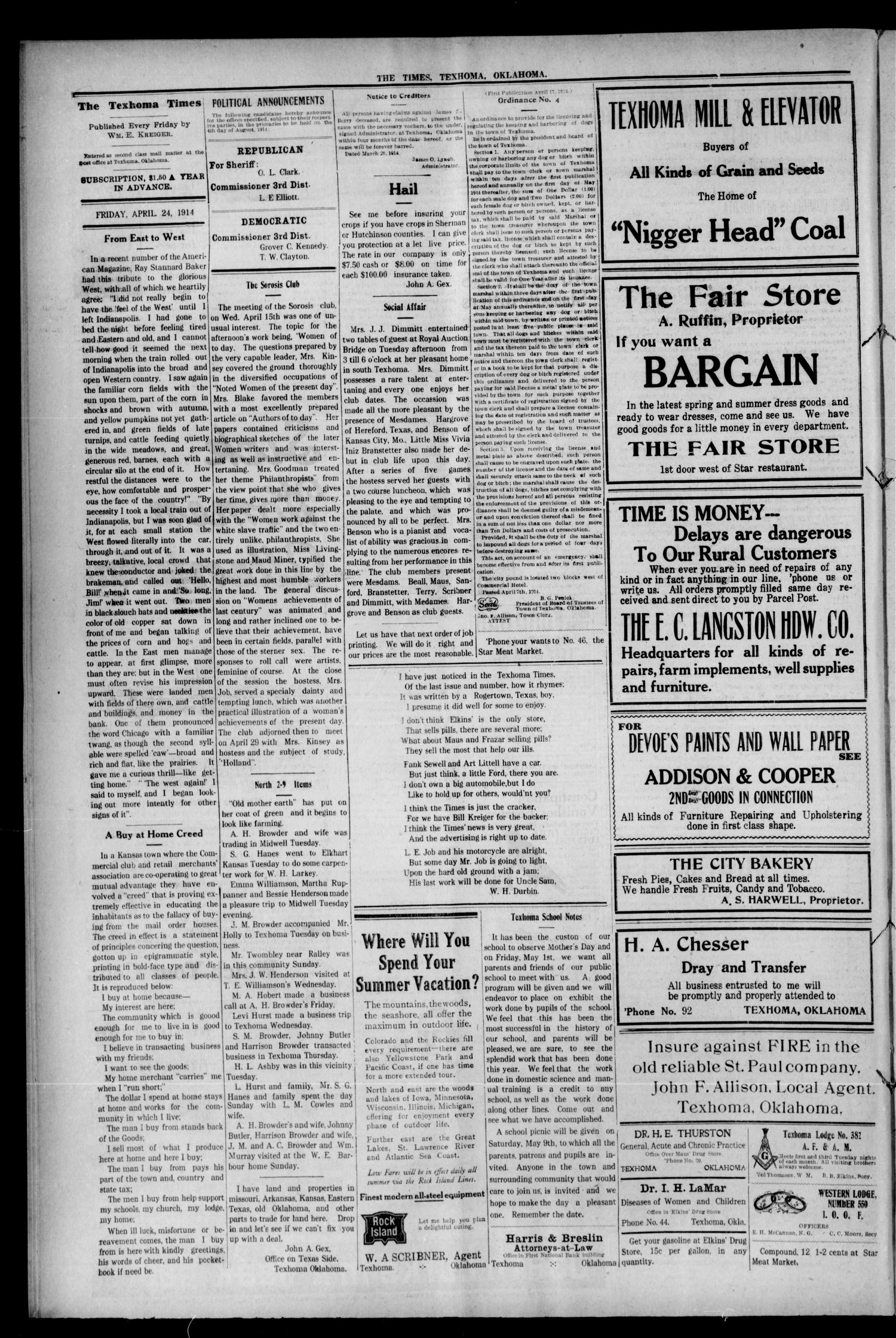 The Texhoma Times (Texhoma, Okla.), Vol. 11, No. 31, Ed. 1 Friday, April 24, 1914
                                                
                                                    [Sequence #]: 4 of 8
                                                