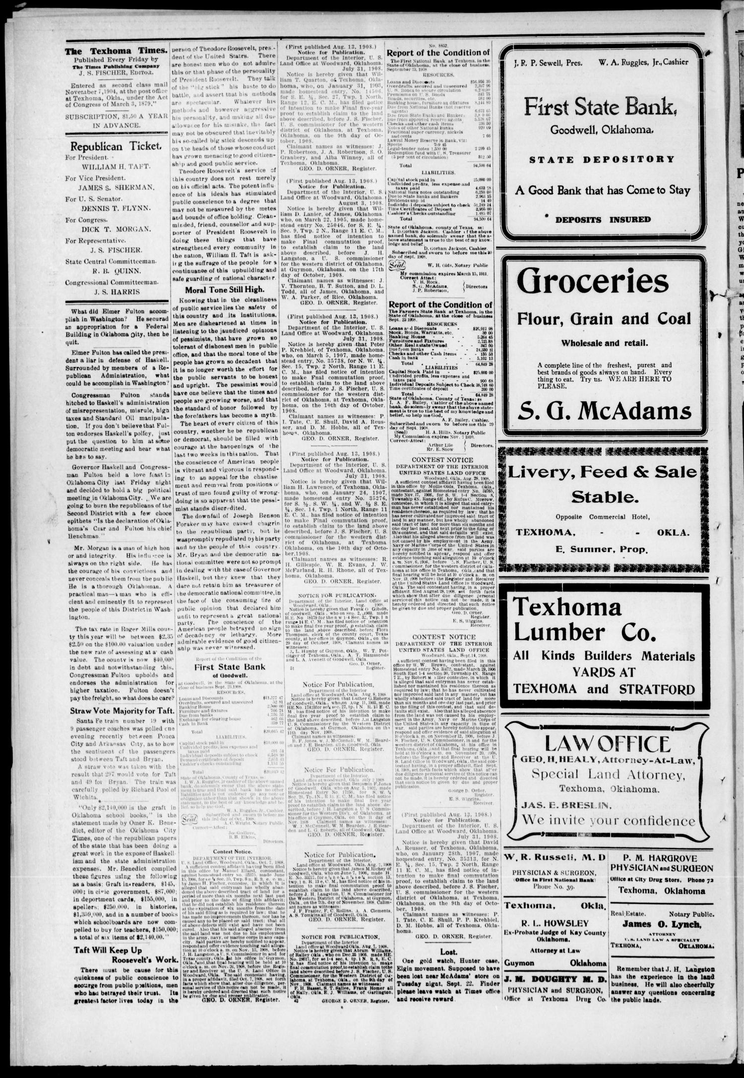 The Texhoma Times. (Texhoma, Okla.), Vol. 5, No. 4, Ed. 1 Friday, October 9, 1908
                                                
                                                    [Sequence #]: 4 of 6
                                                