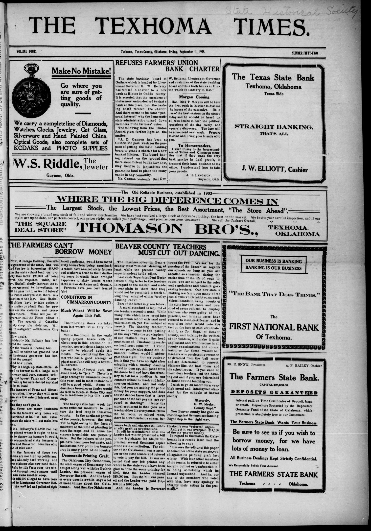 The Texhoma Times. (Texhoma, Okla.), Vol. 4, No. 52, Ed. 1 Friday, September 11, 1908
                                                
                                                    [Sequence #]: 1 of 8
                                                
