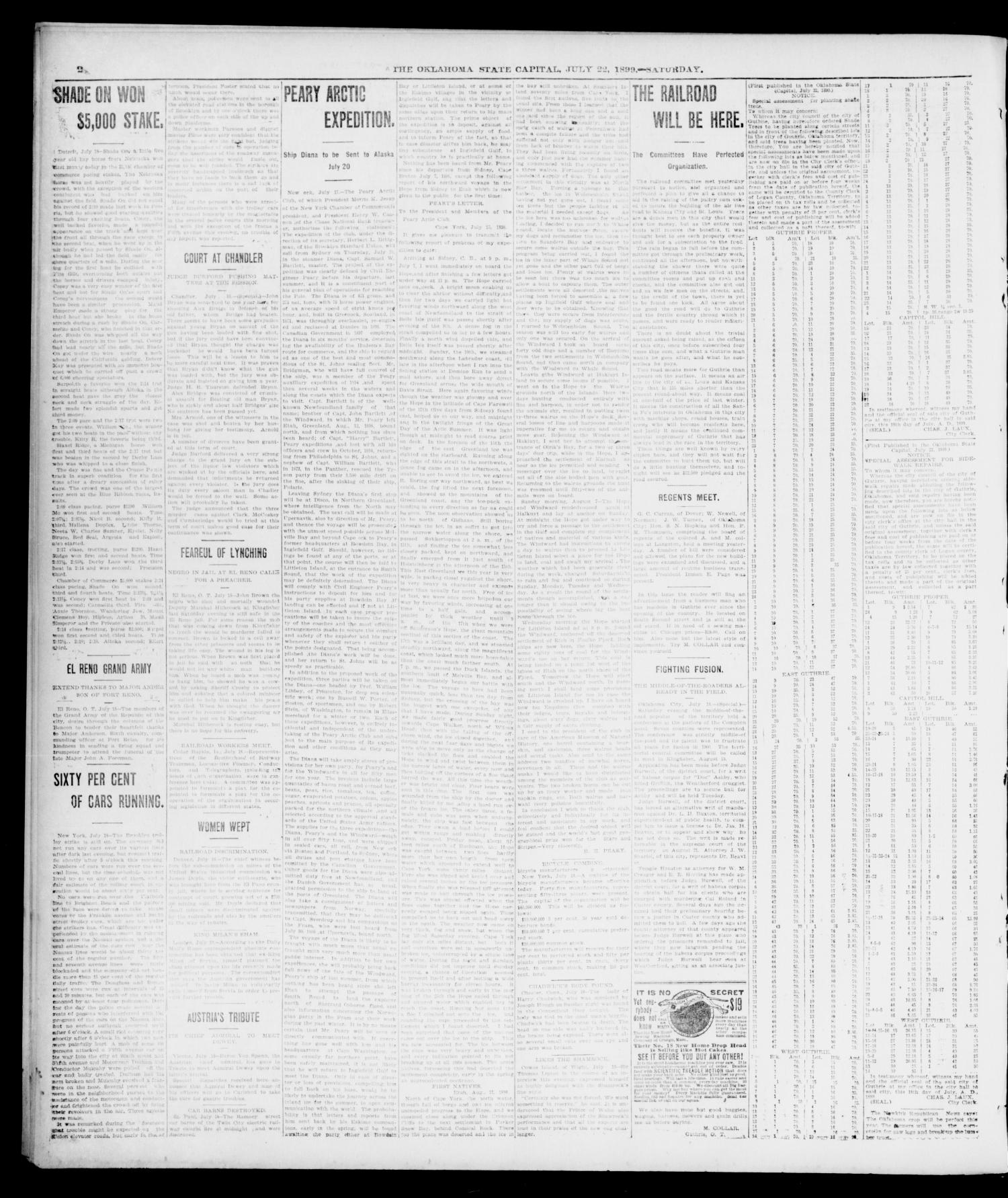 The Weekly Oklahoma State Capital. (Guthrie, Okla.), Vol. 11, No. 15, Ed. 1 Saturday, July 22, 1899
                                                
                                                    [Sequence #]: 2 of 8
                                                