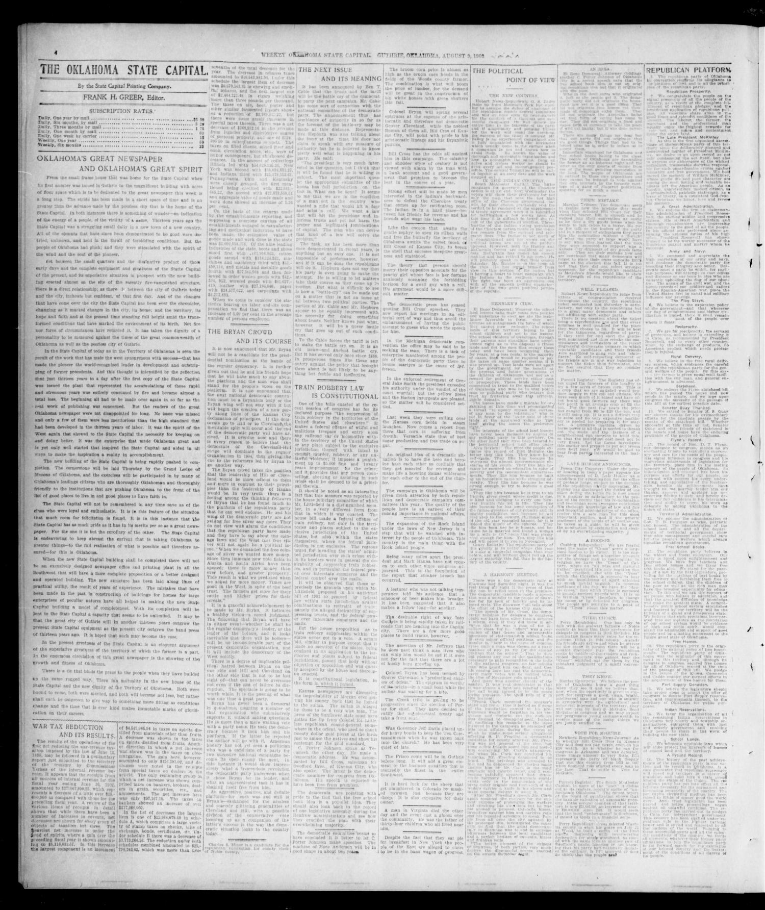 The Weekly Oklahoma State Capital. (Guthrie, Okla.), Vol. 14, No. 18, Ed. 1 Saturday, August 9, 1902
                                                
                                                    [Sequence #]: 4 of 8
                                                