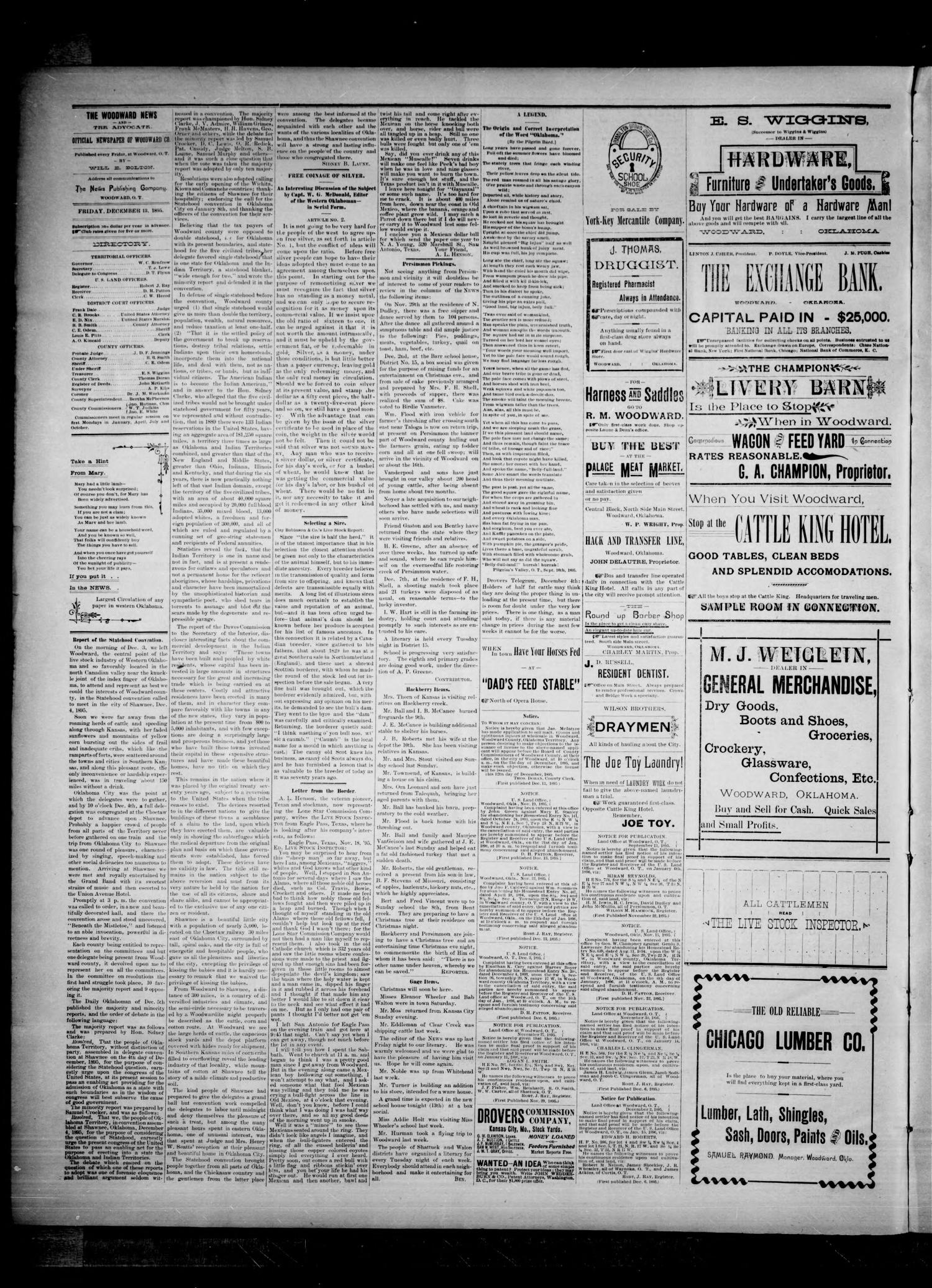 The Woodward News. (Woodward, Okla.), Vol. 2, No. 29, Ed. 1 Friday, December 13, 1895
                                                
                                                    [Sequence #]: 4 of 4
                                                