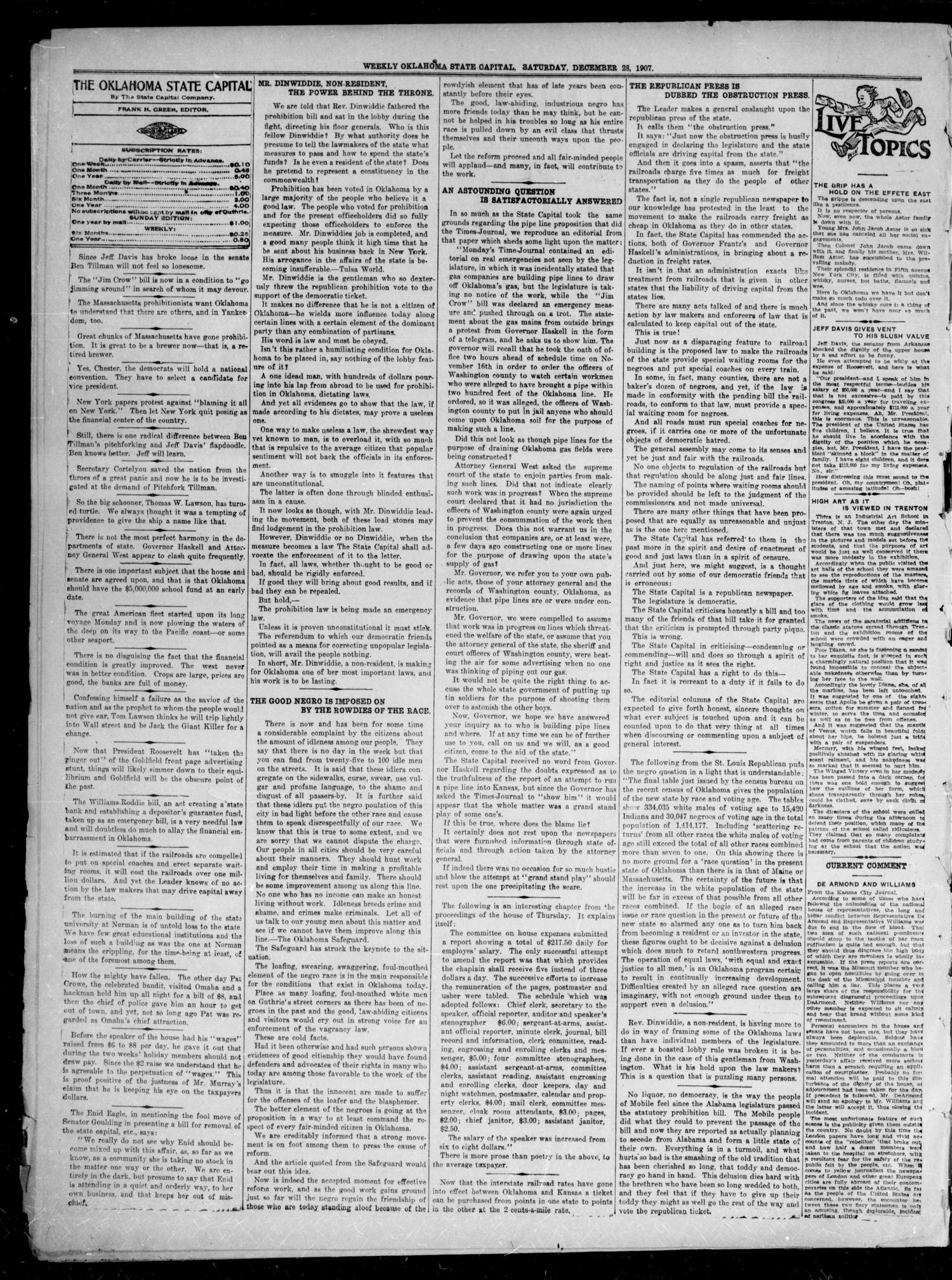 The Weekly Oklahoma State Capital. (Guthrie, Okla.), Vol. 19, No. 35, Ed. 1 Saturday, December 28, 1907
                                                
                                                    [Sequence #]: 4 of 8
                                                