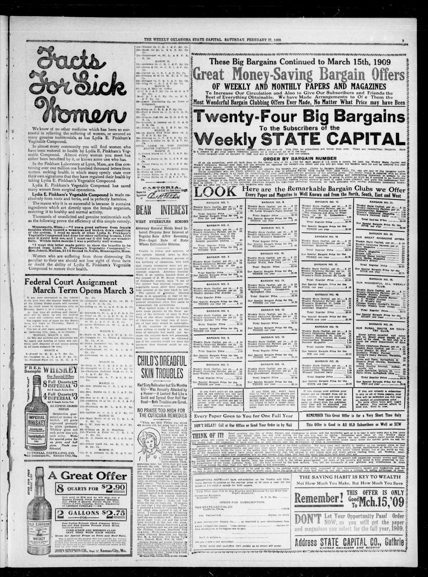 The Weekly Oklahoma State Capital. (Guthrie, Okla.), Vol. 20, No. 45, Ed. 1 Saturday, February 27, 1909
                                                
                                                    [Sequence #]: 3 of 8
                                                