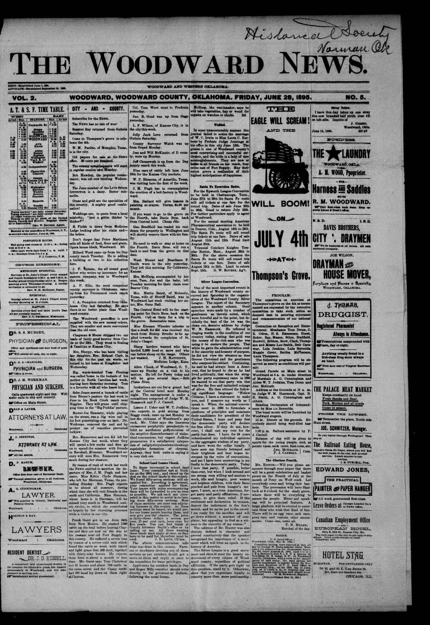 The Woodward News. (Woodward, Okla.), Vol. 2, No. 5, Ed. 1 Friday, June 28, 1895
                                                
                                                    [Sequence #]: 1 of 5
                                                
