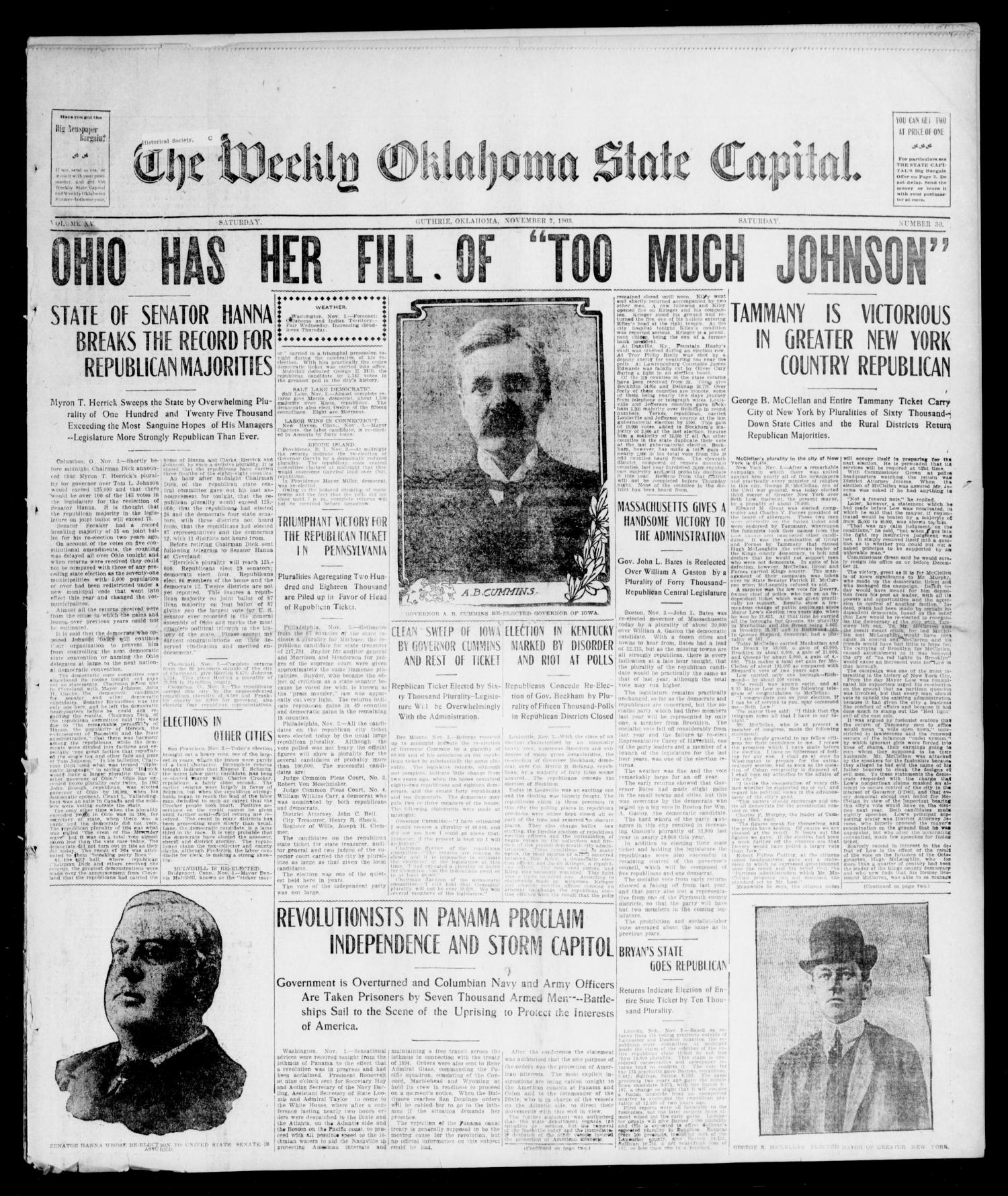 The Weekly Oklahoma State Capital. (Guthrie, Okla.), Vol. 15, No. 30, Ed. 1 Saturday, November 7, 1903
                                                
                                                    [Sequence #]: 1 of 8
                                                
